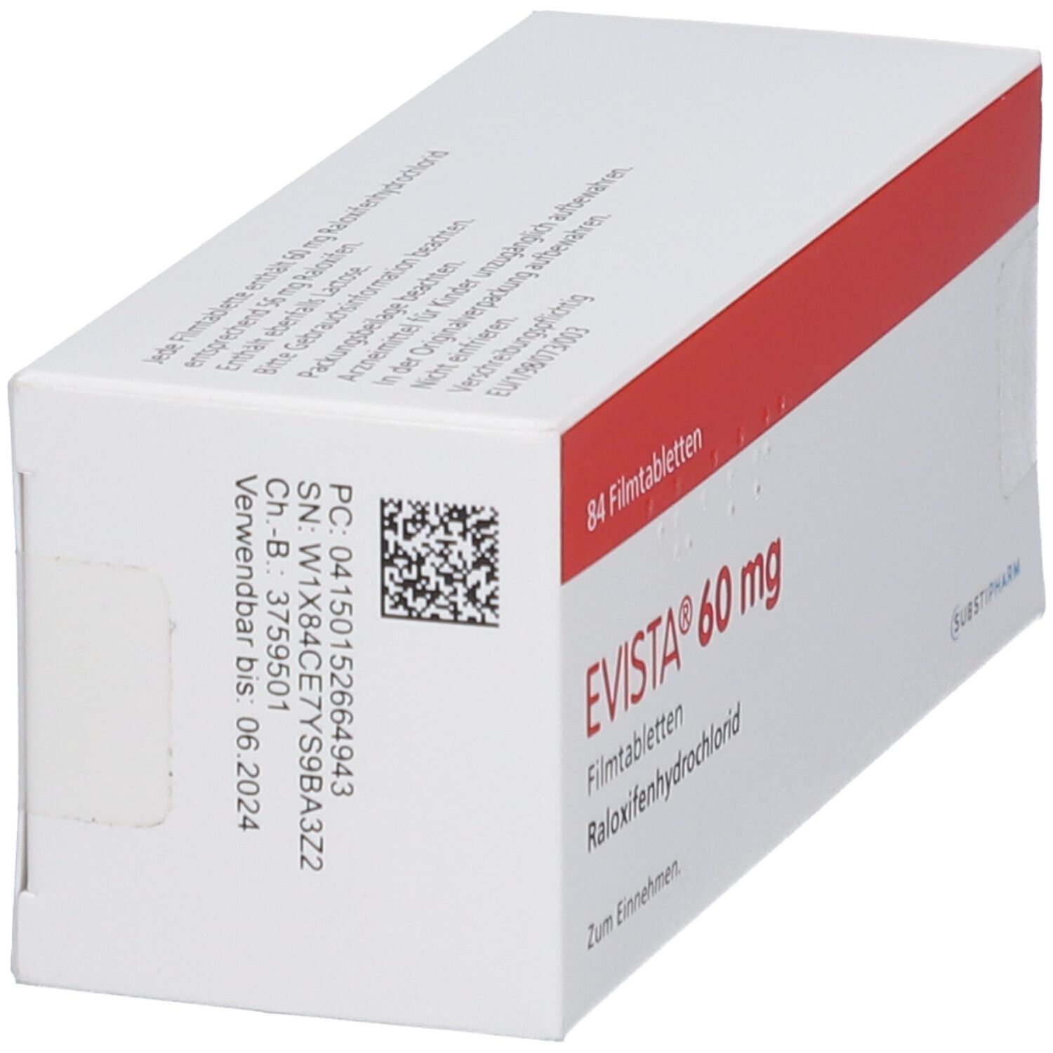 EVISTA 60 mg-Packung, Seitenansicht. Weiße Schachtel mit rotem Streifen. Aufschrift: EVISTA, 84 Filmtabletten. Barcode und Chargennummer.