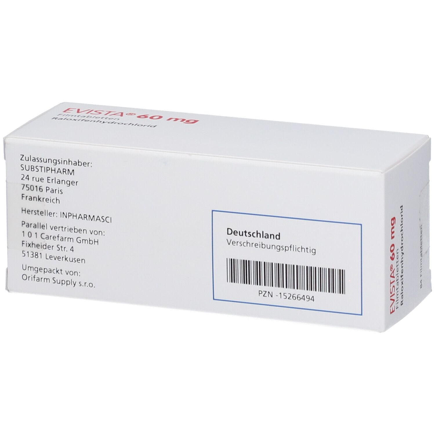 EVISTA 60 mg-Packung, Rückseite. Weiße Schachtel mit rotem Streifen. Aufschrift: EVISTA 60 mg. Informationen zu Hersteller und Vertrieb.