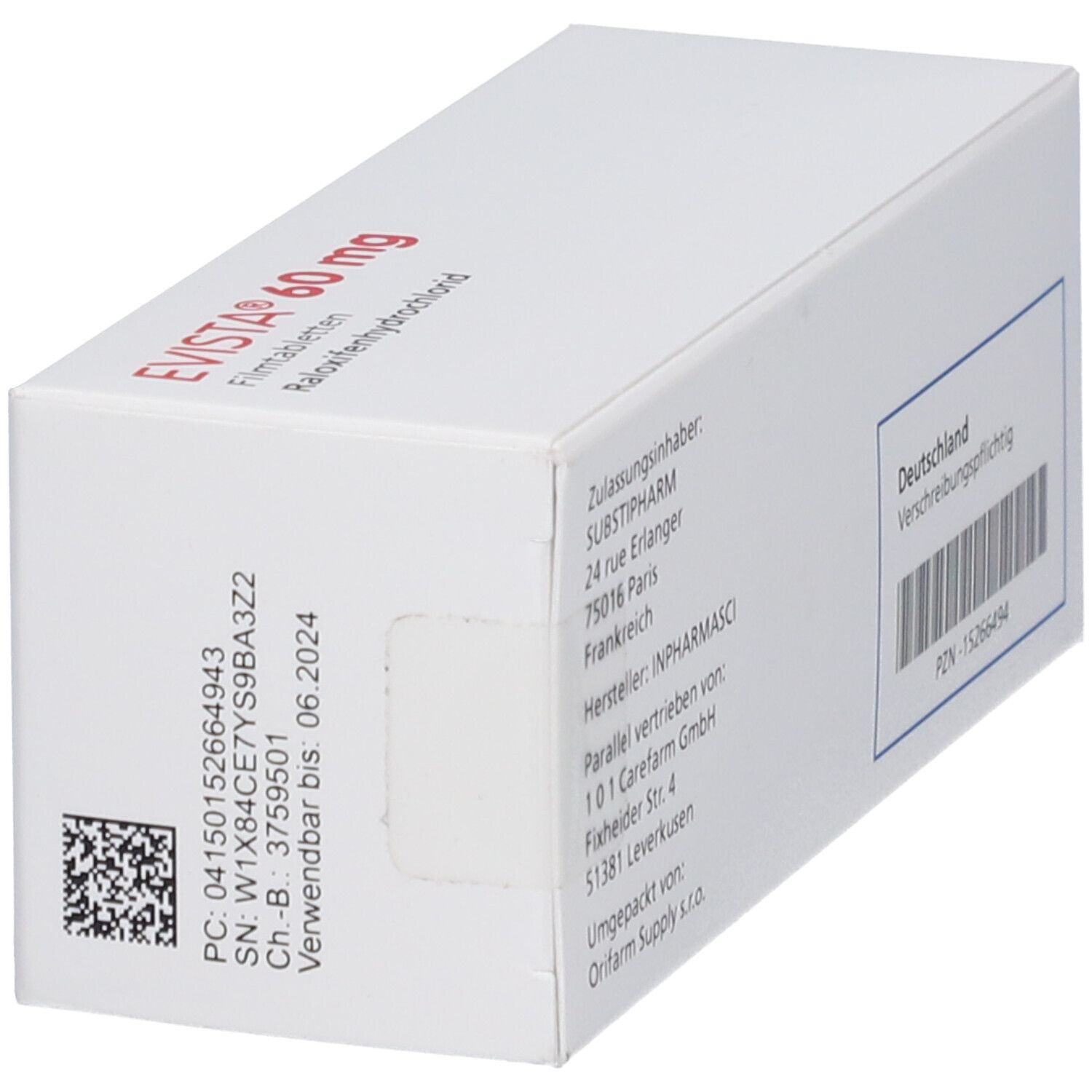 EVISTA 60 mg-Packung, Seitenansicht. Weiße Schachtel mit rotem Streifen. Aufschrift: EVISTA 60 mg. Barcode und Informationen.