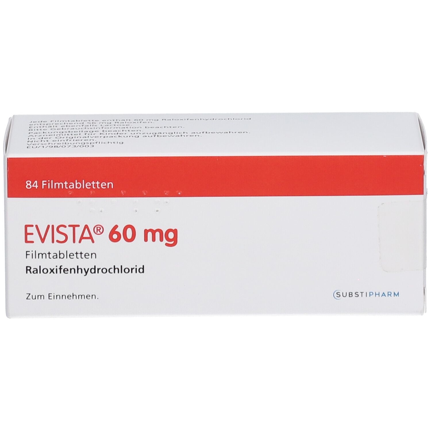 EVISTA 60 mg Filmtabletten-Packung. Weiße Schachtel mit rotem Streifen. Aufschrift: EVISTA, 84 Filmtabletten, Raloxifenhydrochlorid.