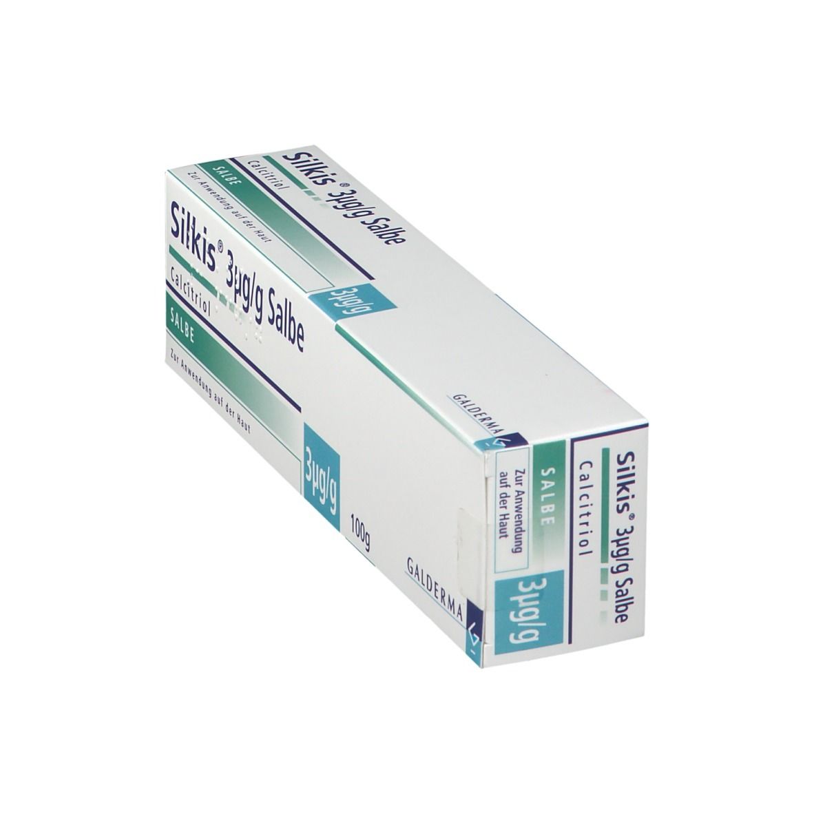 Schachtel SILKIS 3µg/g Salbe, weiß-blau. Aufdrucke: 3µg/g, 100g und Galderma. Produktname und Wirkstoff Calcitriol.