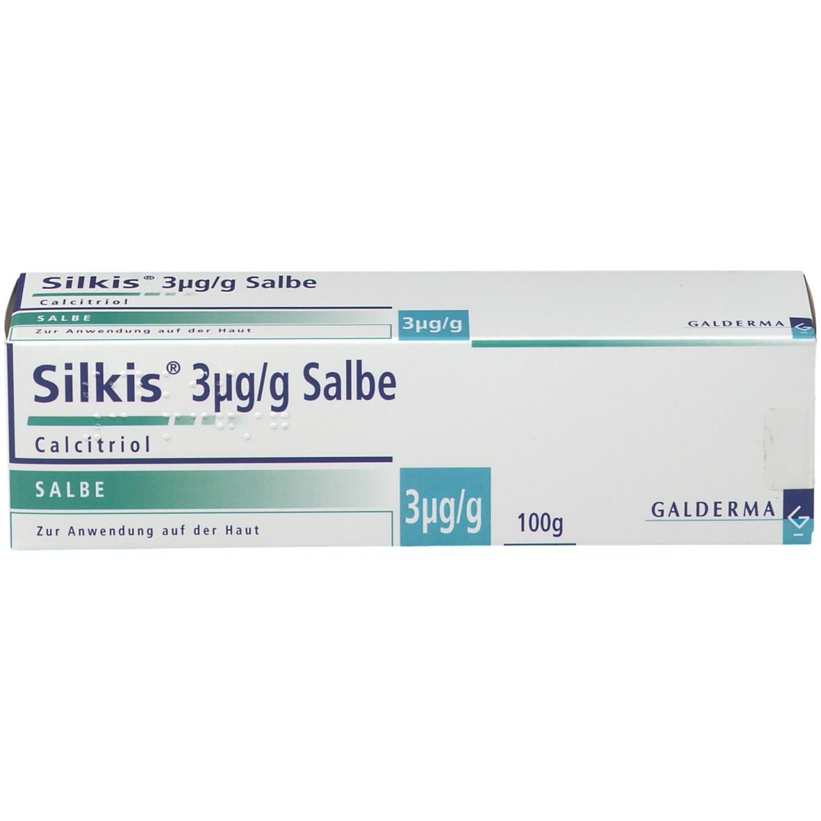 Weiß-blaue Schachtel SILKIS 3µg/g Salbe. Aufdrucke: 3µg/g, 100g und Galderma. Produktname und Wirkstoff Calcitriol.