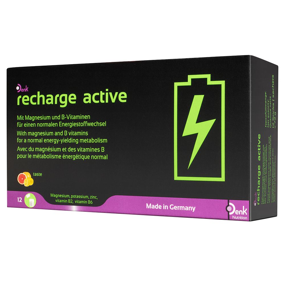 Schwarze Schachtel mit "recharge active"-Logo und Batterie-Symbol. Enthält 12 Sachets. Text in Deutsch, Englisch und Französisch.