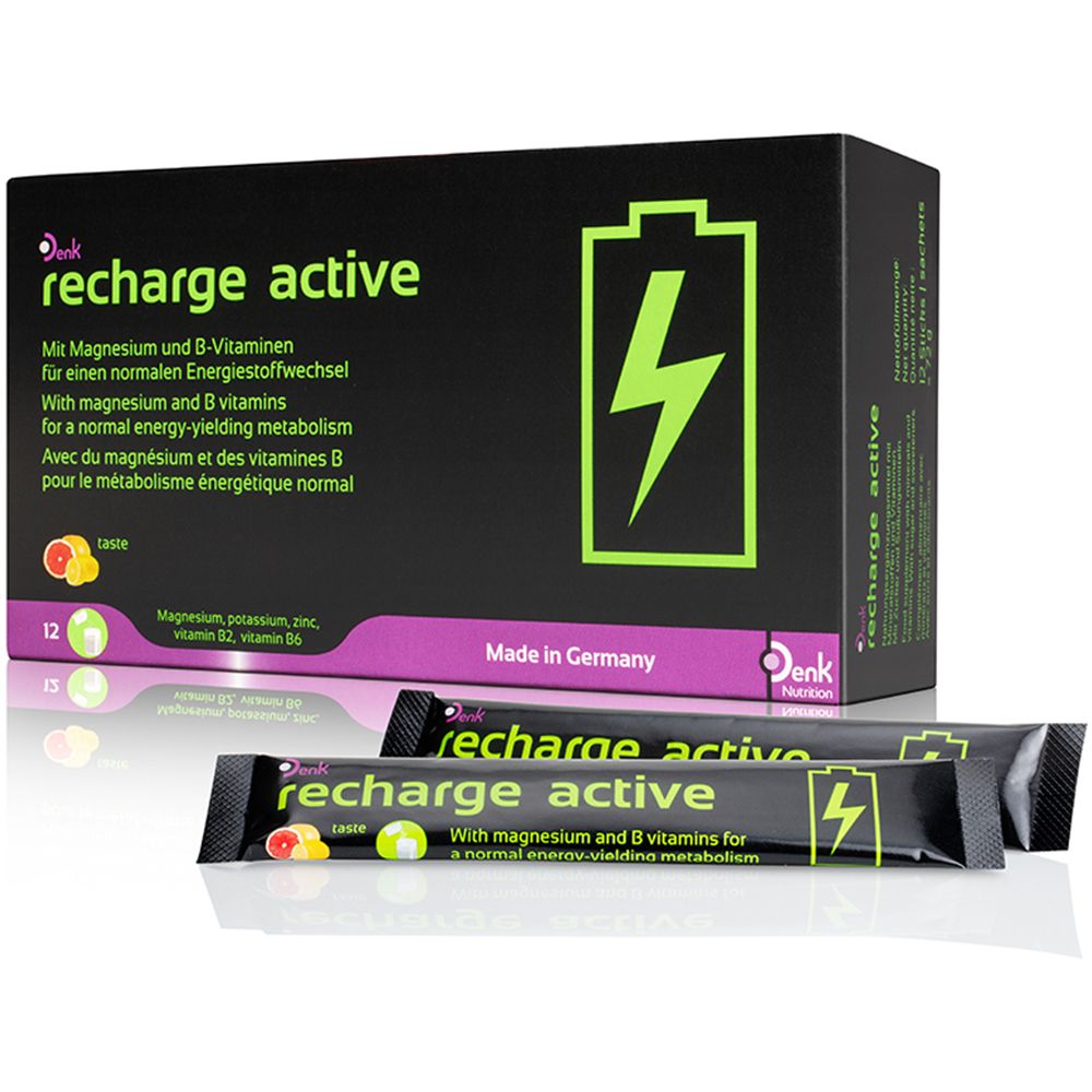 Schwarze Schachtel mit "recharge active" und zwei Sachets. Batterie-Symbol. Text in Deutsch, Englisch und Französisch. 12 Sachets.