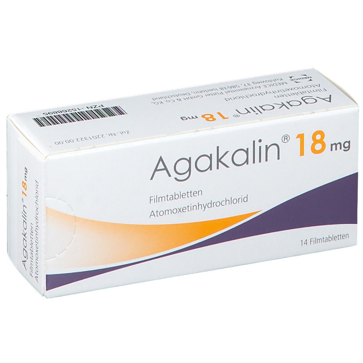 Schachtel Agakalin® 18 mg, 14 Filmtabletten. Aufschrift: Atomoxetinhydrochlorid. Weiß, orange und lila Design.