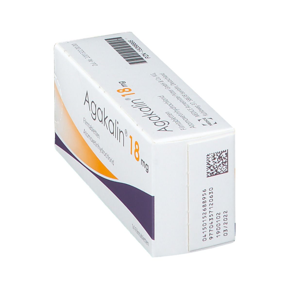 Schachtel Agakalin® 18 mg, 14 Filmtabletten. Aufschrift: Atomoxetinhydrochlorid. Weiß, orange und lila Design.