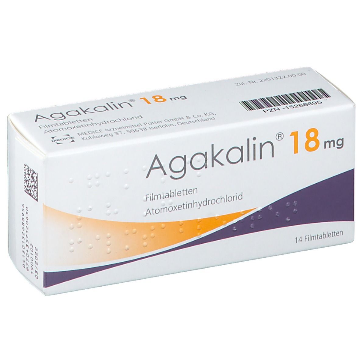 Schachtel Agakalin® 18 mg, 14 Filmtabletten. Aufschrift: Atomoxetinhydrochlorid. Weiß, orange und lila Design.