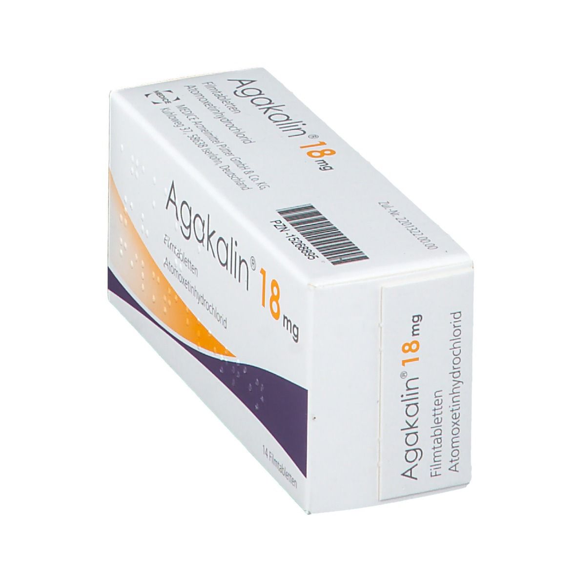 Schachtel Agakalin® 18 mg, 14 Filmtabletten. Aufschrift: Atomoxetinhydrochlorid. Weiß, orange und lila Design.