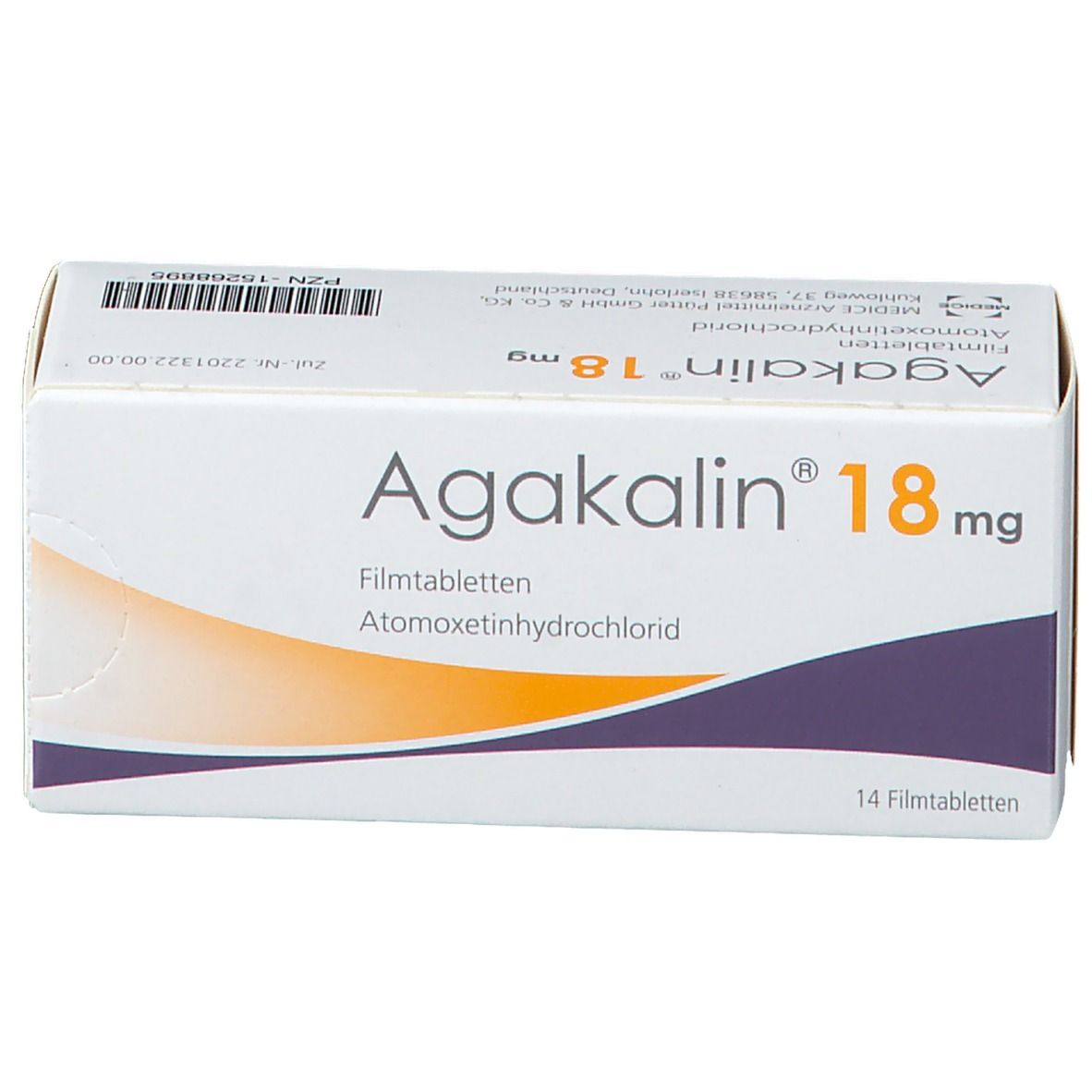 Schachtel Agakalin® 18 mg, 14 Filmtabletten. Aufschrift: Atomoxetinhydrochlorid. Weiß, orange und lila Design.