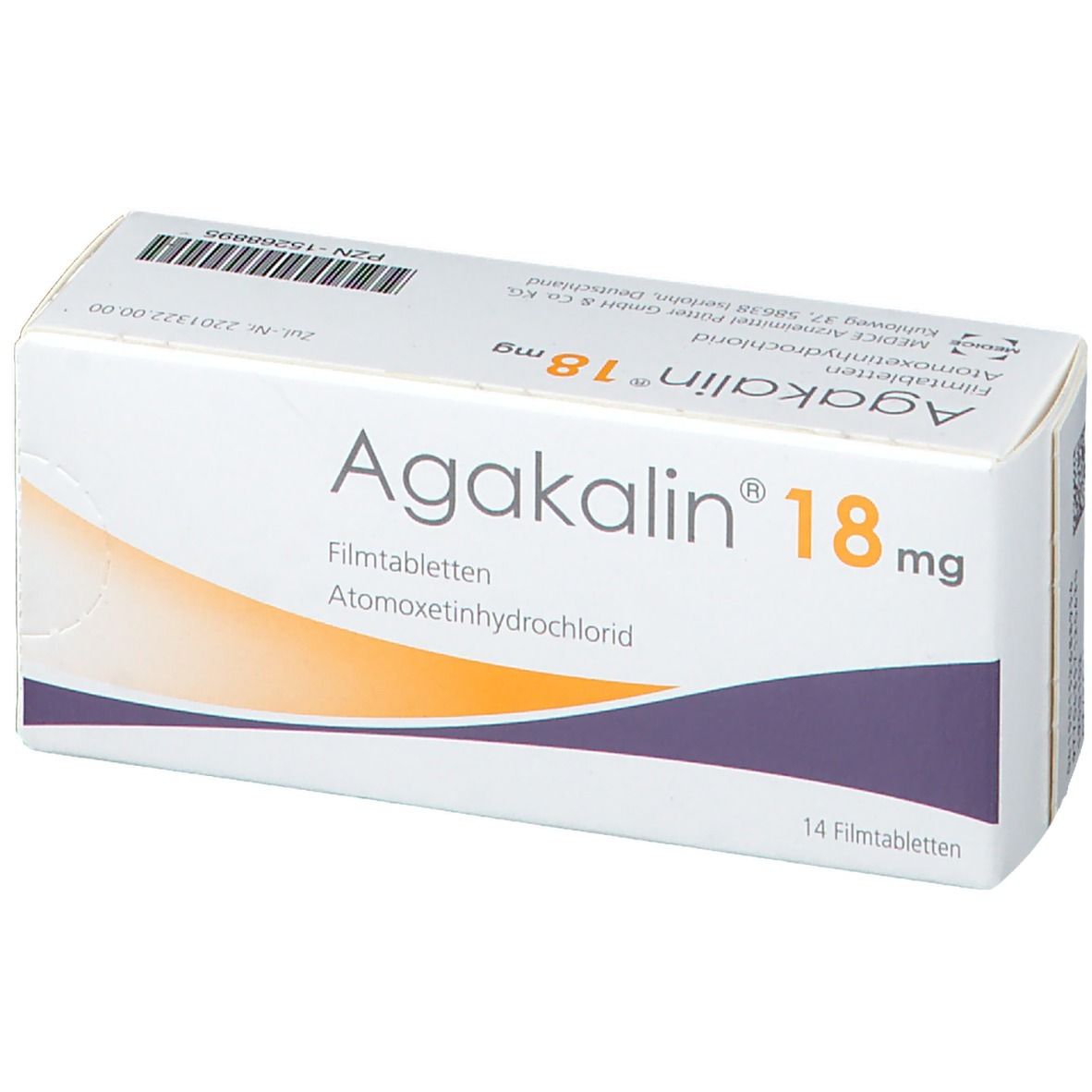 Schachtel Agakalin® 18 mg, 14 Filmtabletten. Aufschrift: Atomoxetinhydrochlorid. Weiß, orange und lila Design.