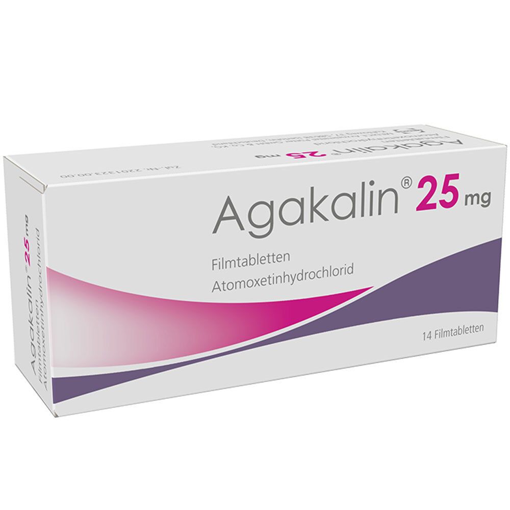 Schachtel mit Agakalin® 25 mg Filmtabletten. Aufschrift: Atomoxetinhydrochlorid, 14 Filmtabletten. Rosa und lila Design.