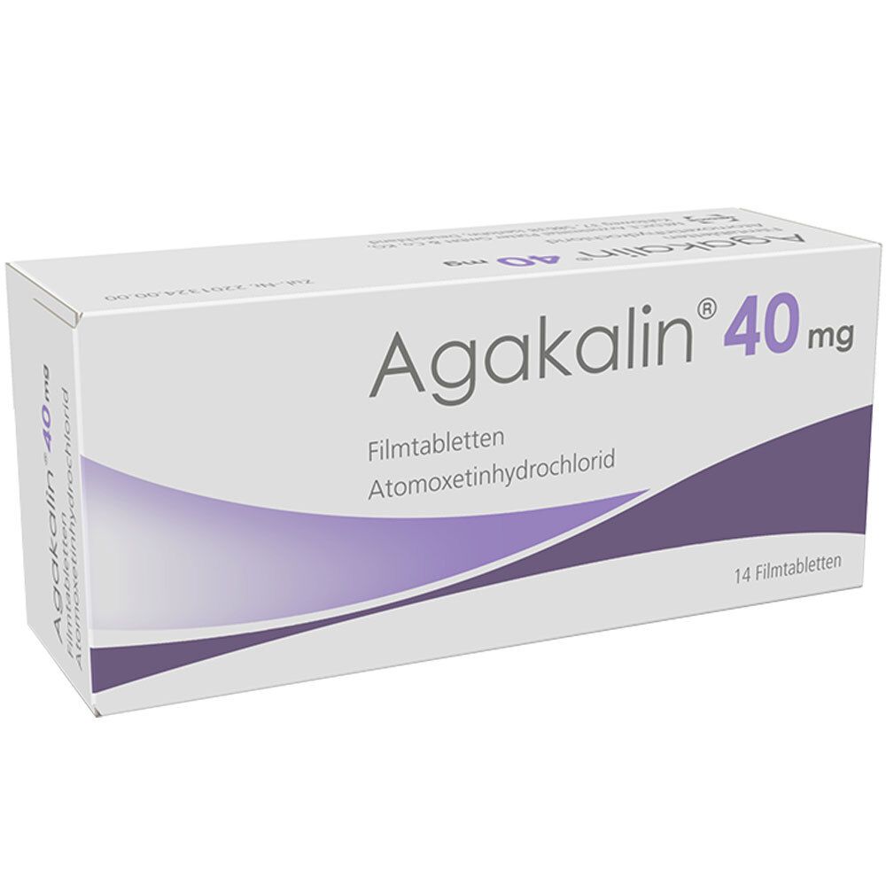 Schachtel Agakalin® 40 mg, 14 Filmtabletten. Weiß mit lila Wellenmuster. Text: Atomoxetinhydrochlorid.