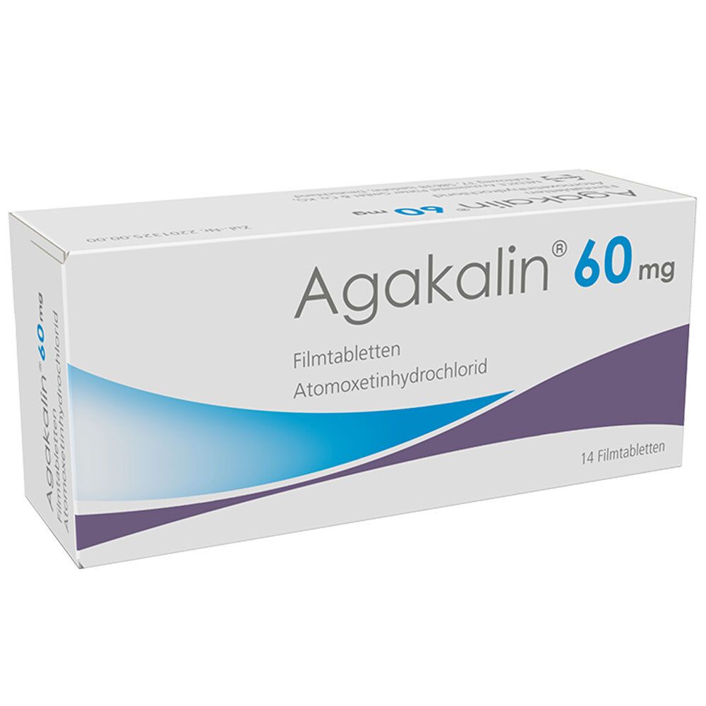 Schachtel mit Agakalin 60 mg Filmtabletten. Enthält 14 Tabletten. Weiß, mit blau-lila Design und Produktnamen.