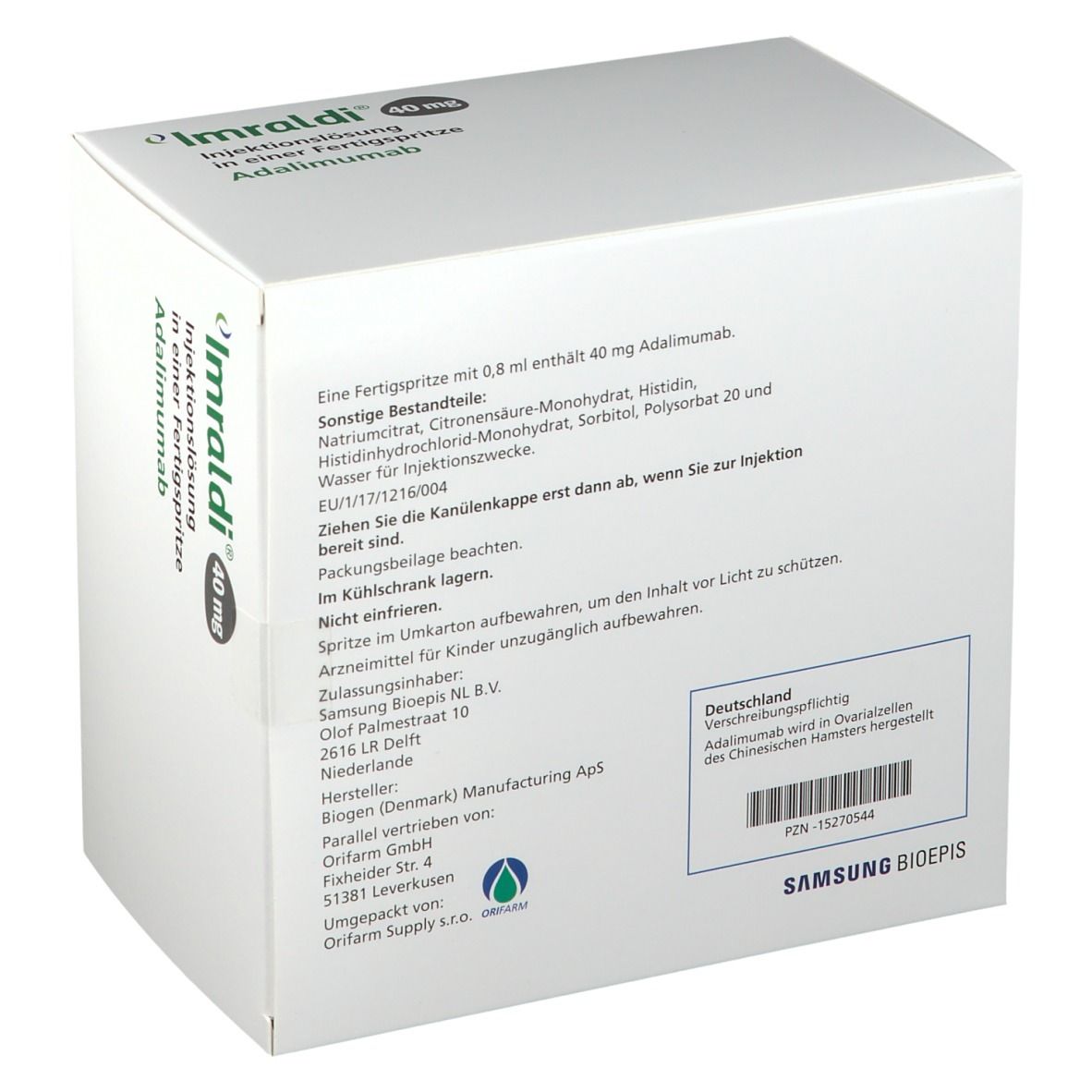 Rückseite der Imraldi 40 mg Schachtel. Enthält Informationen zu Inhaltsstoffen, Hersteller, und Zulassung. Weißer Hintergrund.