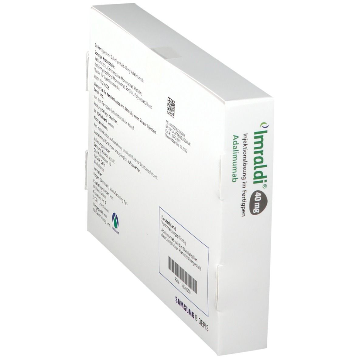 Schräg gestellte Rückseite der Imraldi 40 mg Verpackung. Informationen zu Hersteller und Chargennummer.