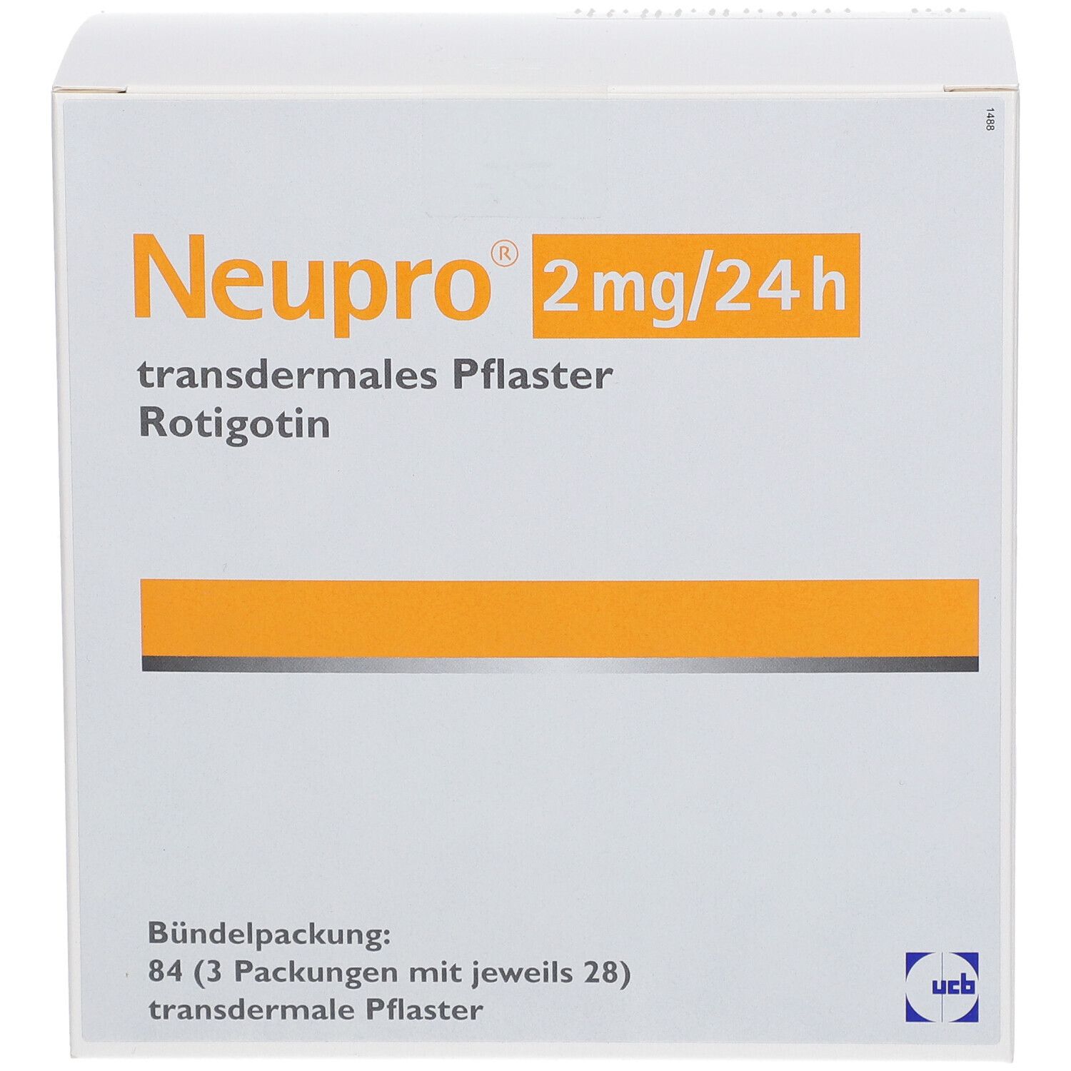 Weiße Kartonverpackung mit orangefarbenen Akzenten. Aufschrift: Neupro 2 mg/24h, transdermales Pflaster, Rotigotin.