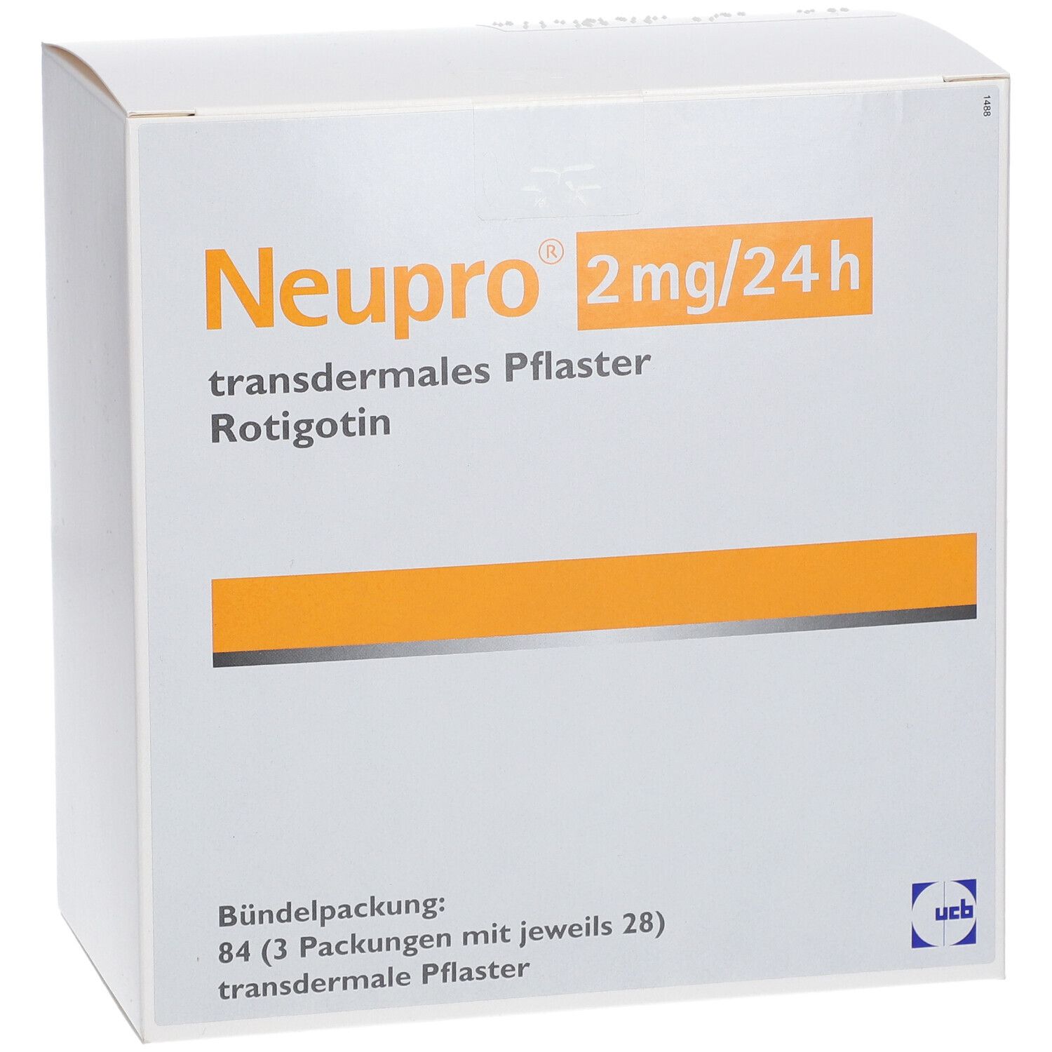 Weiße Kartonverpackung mit orangefarbenen Akzenten. Aufschrift: Neupro 2 mg/24h, transdermales Pflaster, Rotigotin.