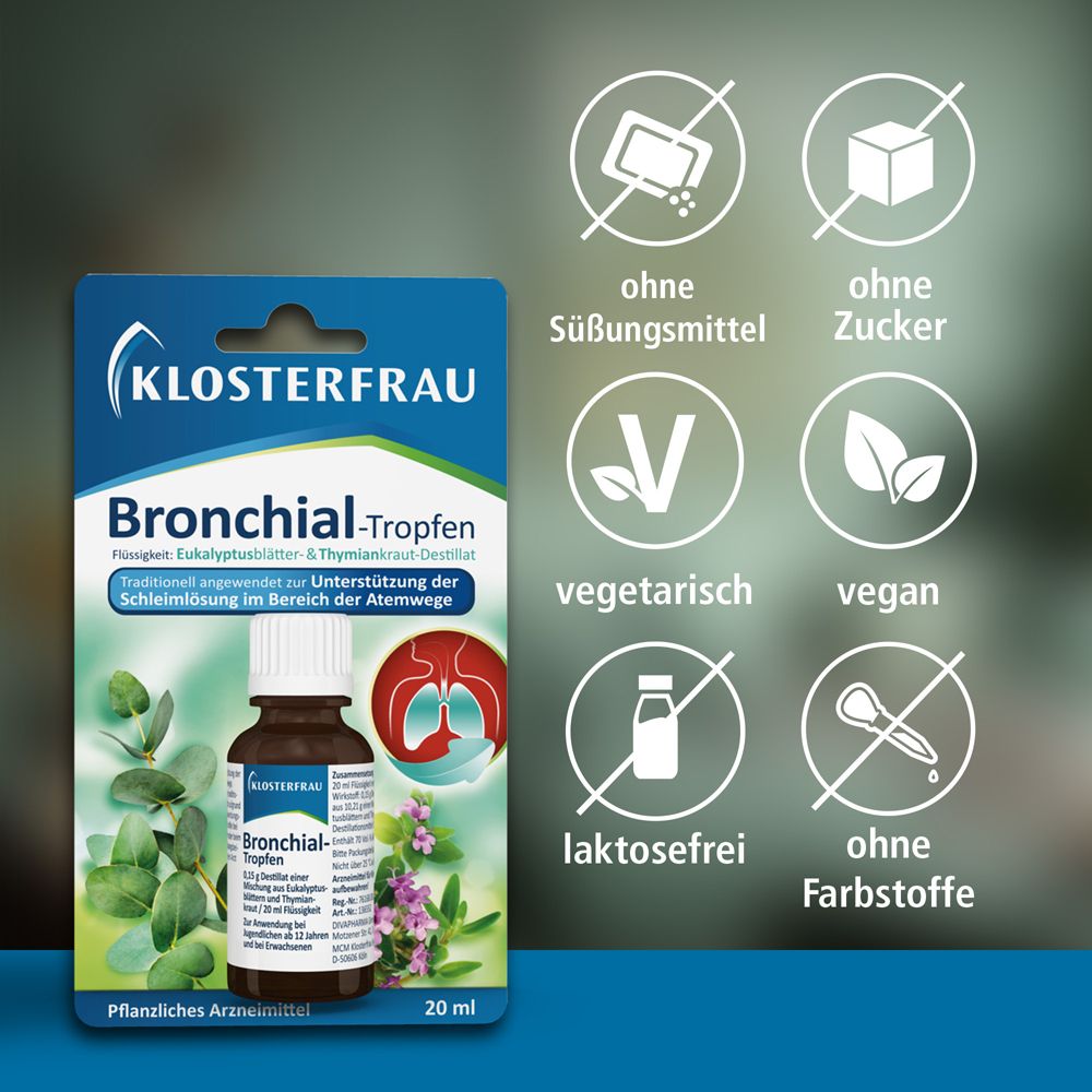 KLOSTERFRAU Bronchial-Tropfen, Flasche und Verpackung. Symbole: ohne Zucker, ohne Süßungsmittel, vegetarisch, vegan, laktosefrei, ohne Farbstoffe.