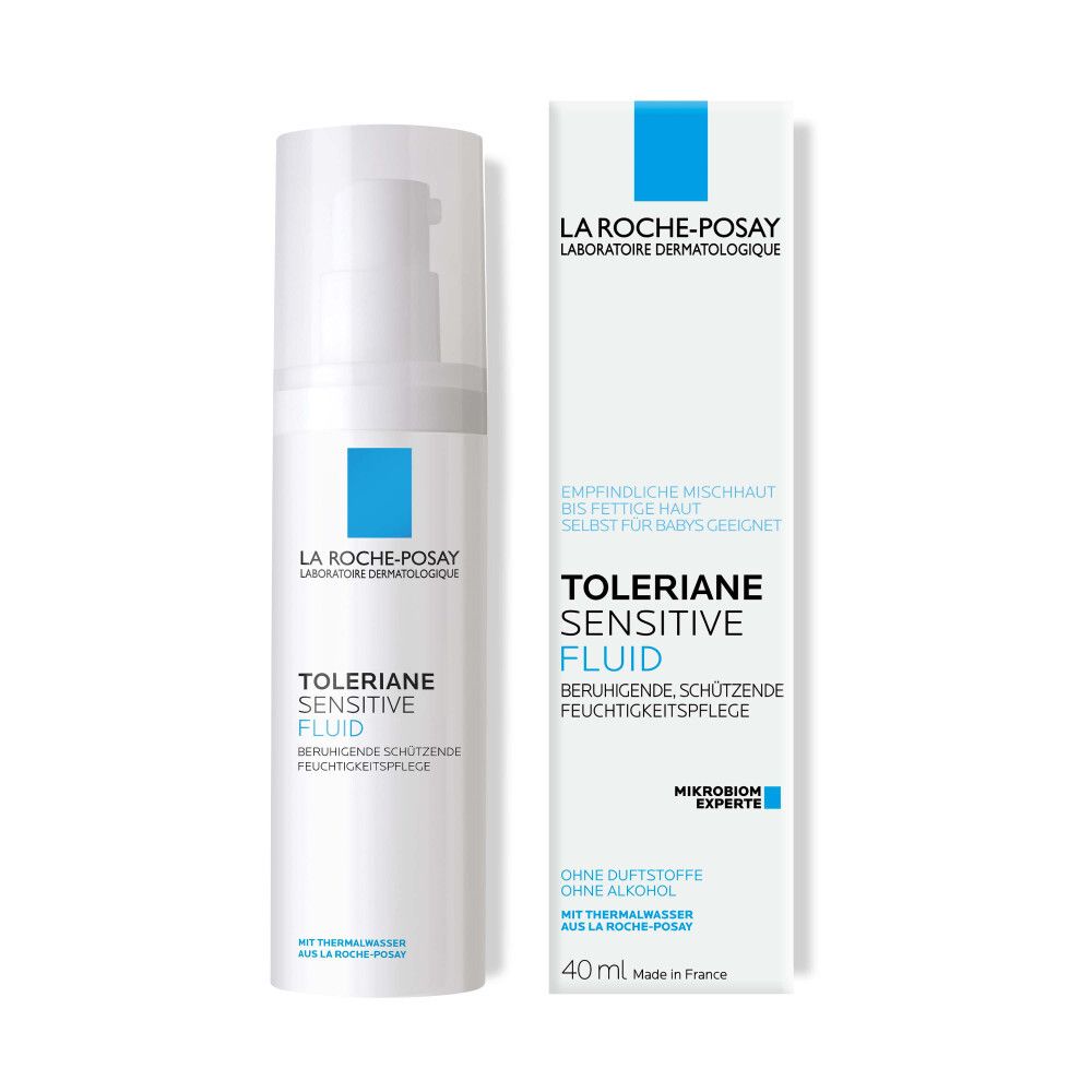 La Roche-Posay Toleriane Sensitive Fluid und Verpackung. Text mit Produktinformationen.
