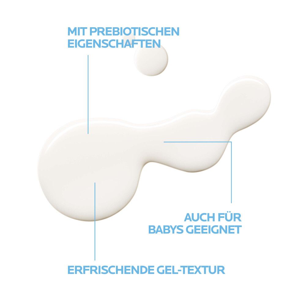 Weiße Flüssigkeit mit Text: Mit präbiotischen Eigenschaften. Auch für Babys geeignet.