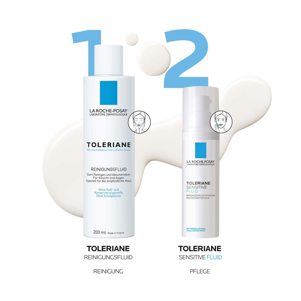 Zwei Produkte: La Roche-Posay Toleriane Reinigungsfluid und Sensitive Fluid. Reinigung und Pflege.