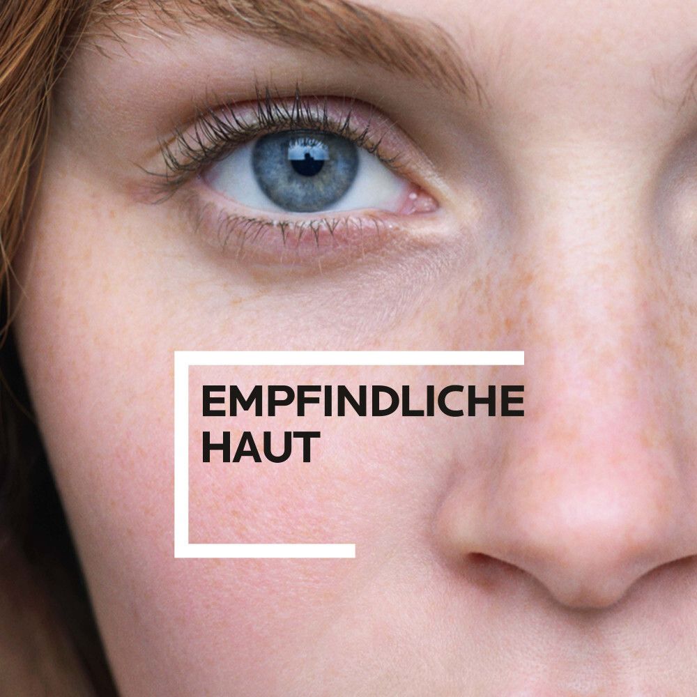 Nahaufnahme eines Auges. Text: Empfindliche Haut.