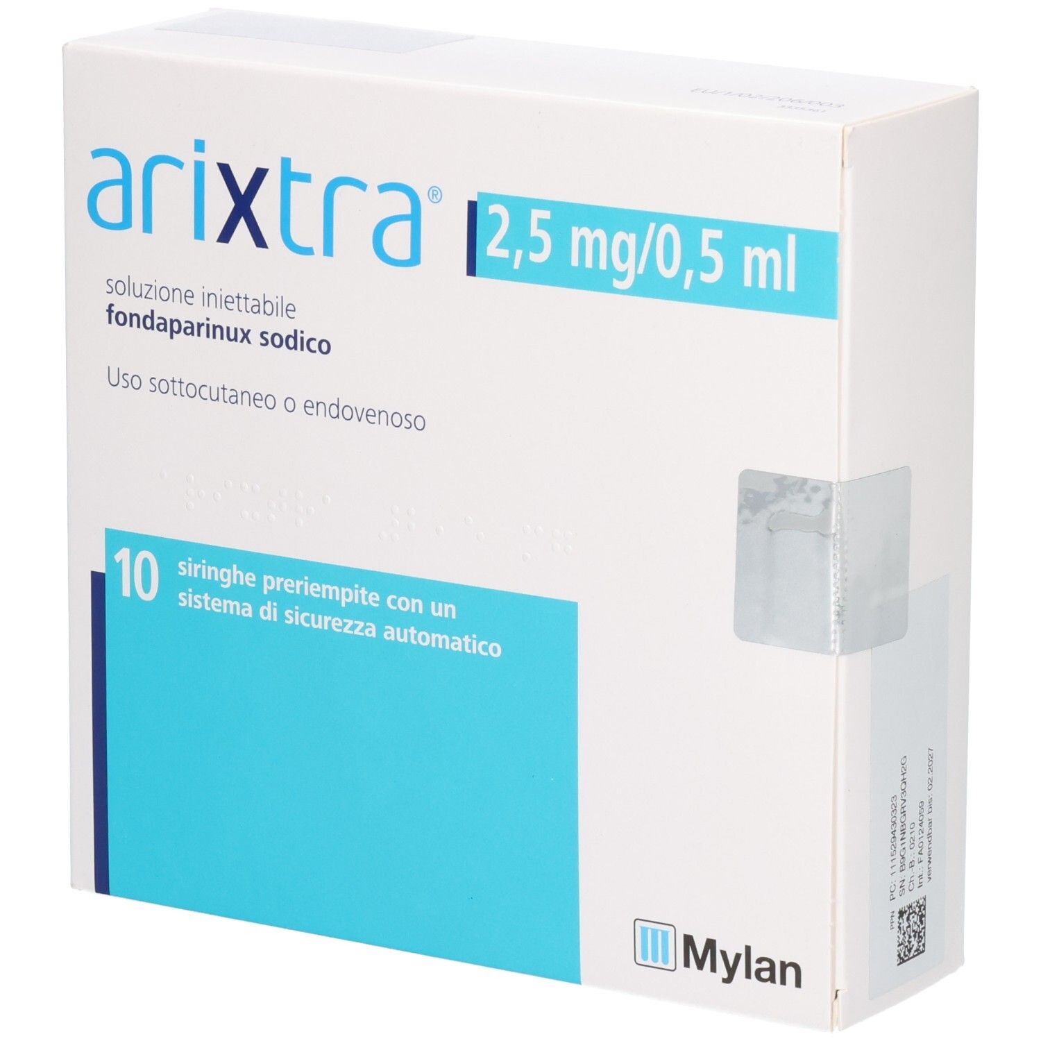 Arixtra 2,5 mg/0,5 ml. Weiße Schachtel mit blauer Fläche. Text: 10 Fertigspritzen. Mylan Logo.