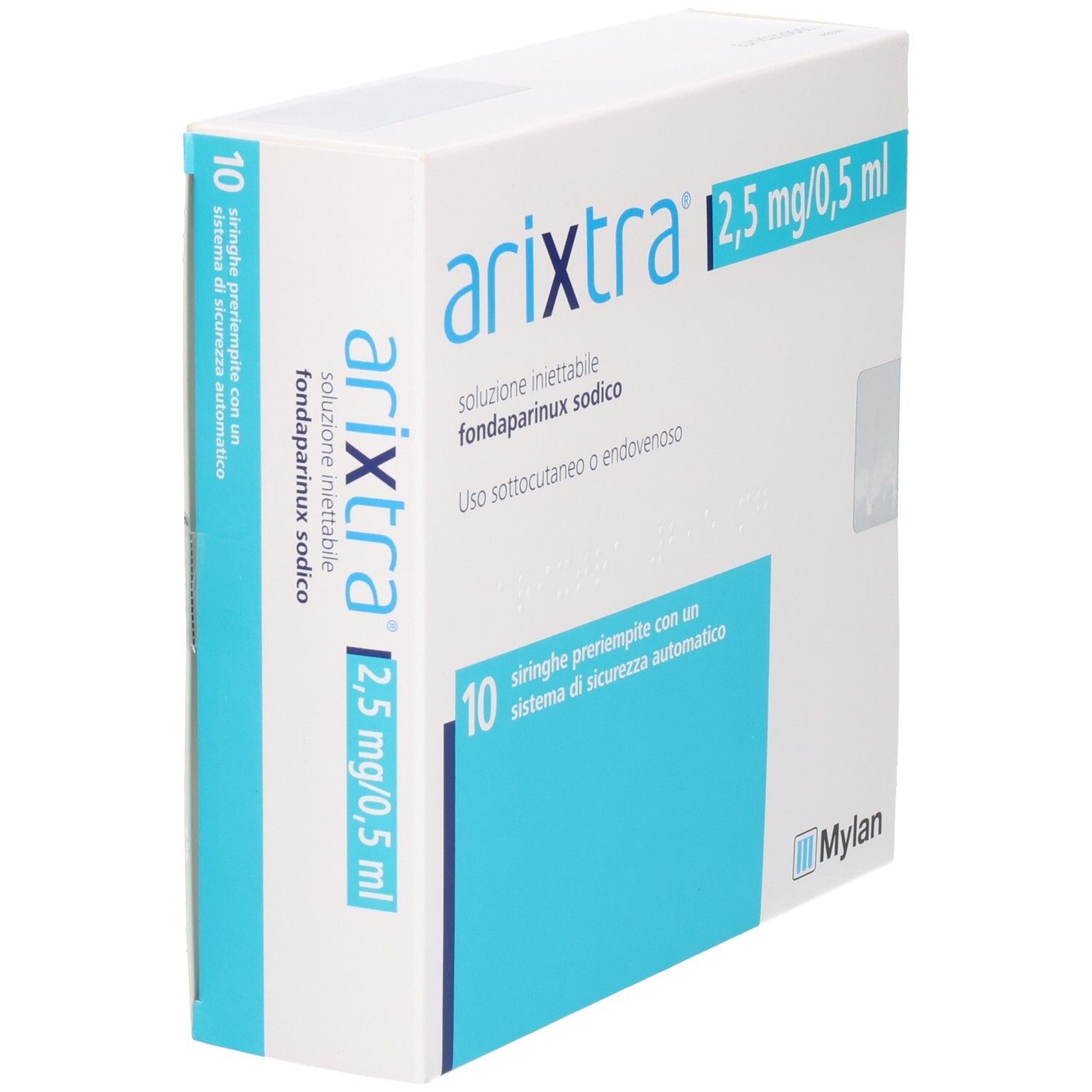 Arixtra 2,5 mg/0,5 ml. Weiße Schachtel mit blauer Fläche. Text: 10 Fertigspritzen. Mylan Logo.