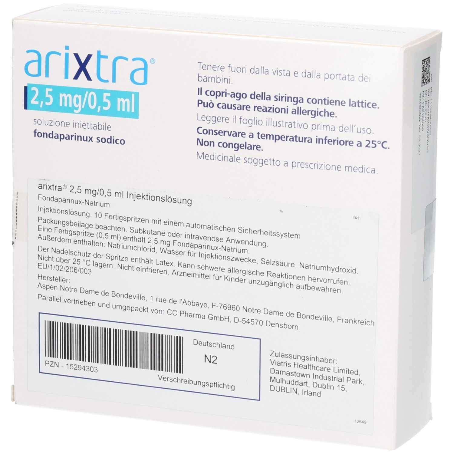 Rückseite der Arixtra 2,5 mg/0,5 ml Packung. Text: Injektionslösung, 10 Fertigspritzen. Herstelleradresse.