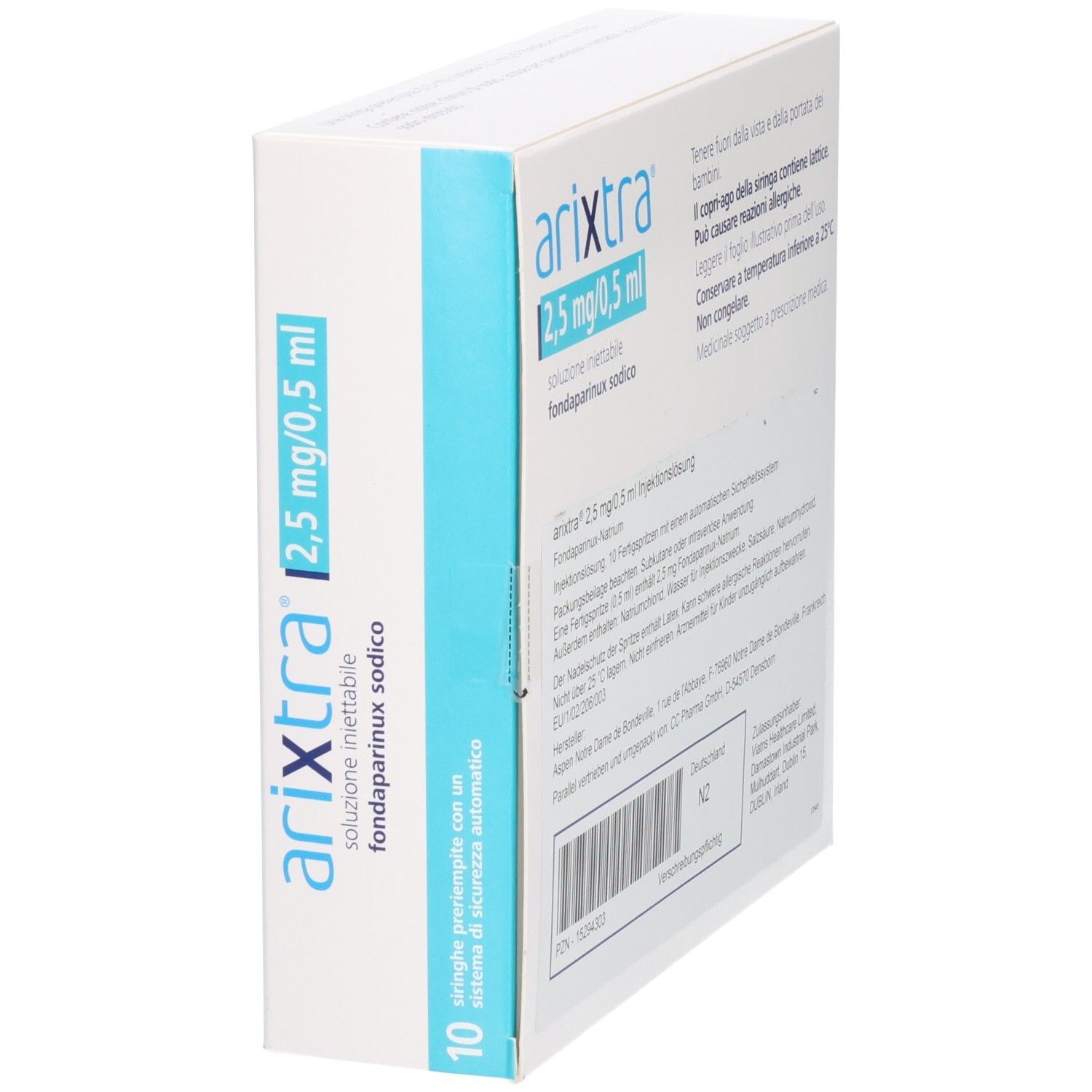 Arixtra 2,5 mg/0,5 ml Packung. Weiße Schachtel mit blauer Fläche. Text: 10 Fertigspritzen.