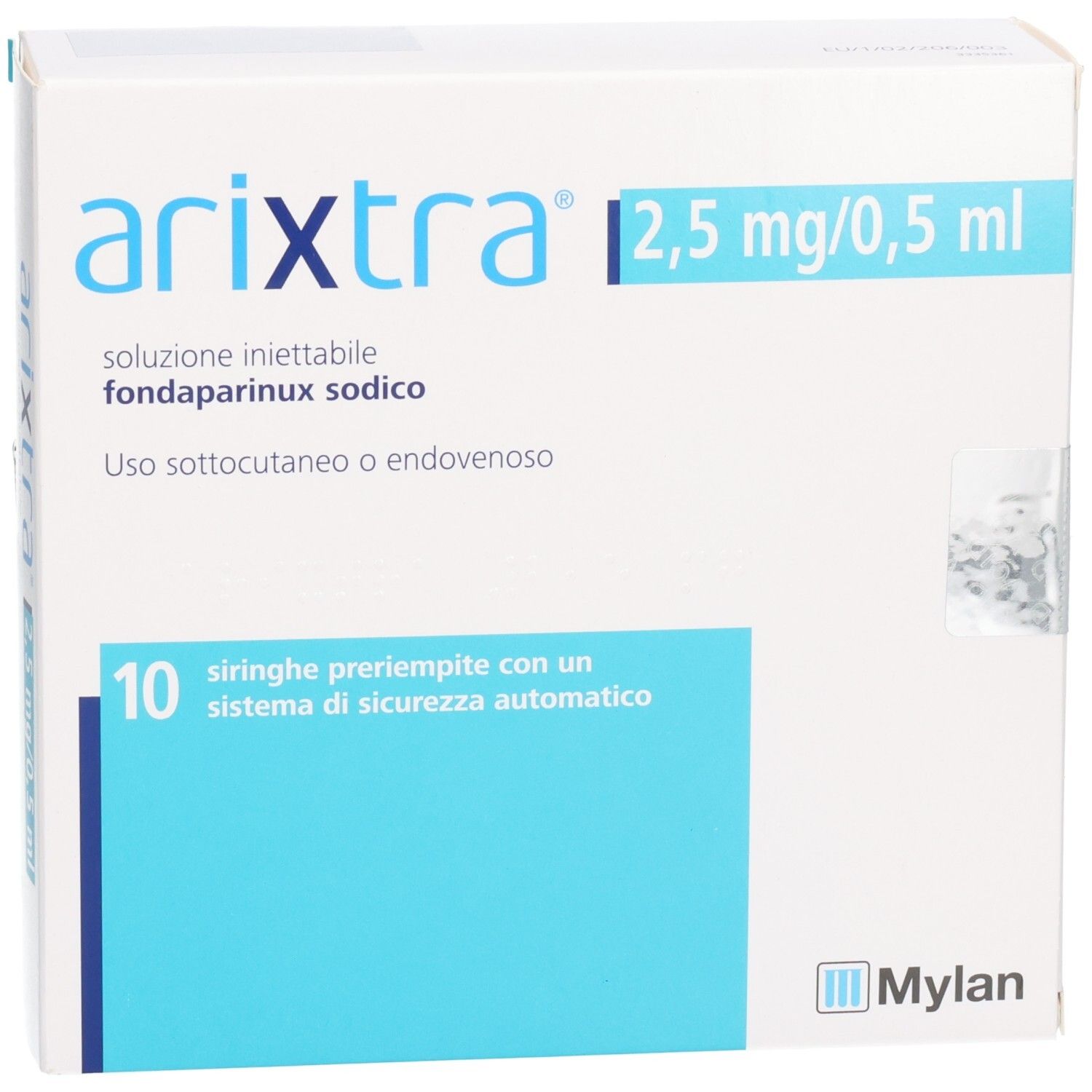Arixtra 2,5 mg/0,5 ml. Weiße Schachtel mit blauer Fläche. Text: 10 Fertigspritzen. Mylan Logo.