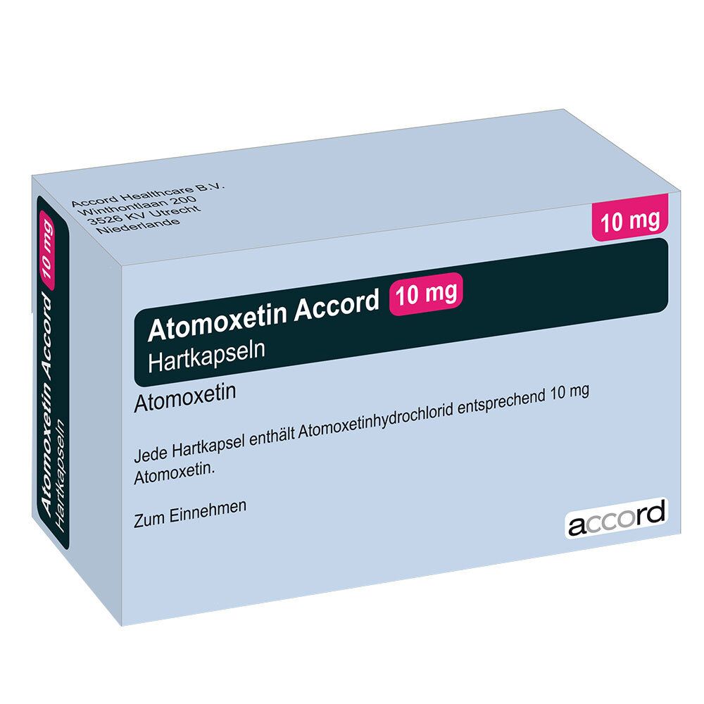 Atomoxetin Accord 10 mg, Hartkapseln. Verpackung mit Produktinformationen und Dosierungsangabe. Marke und Dosierung deutlich sichtbar.