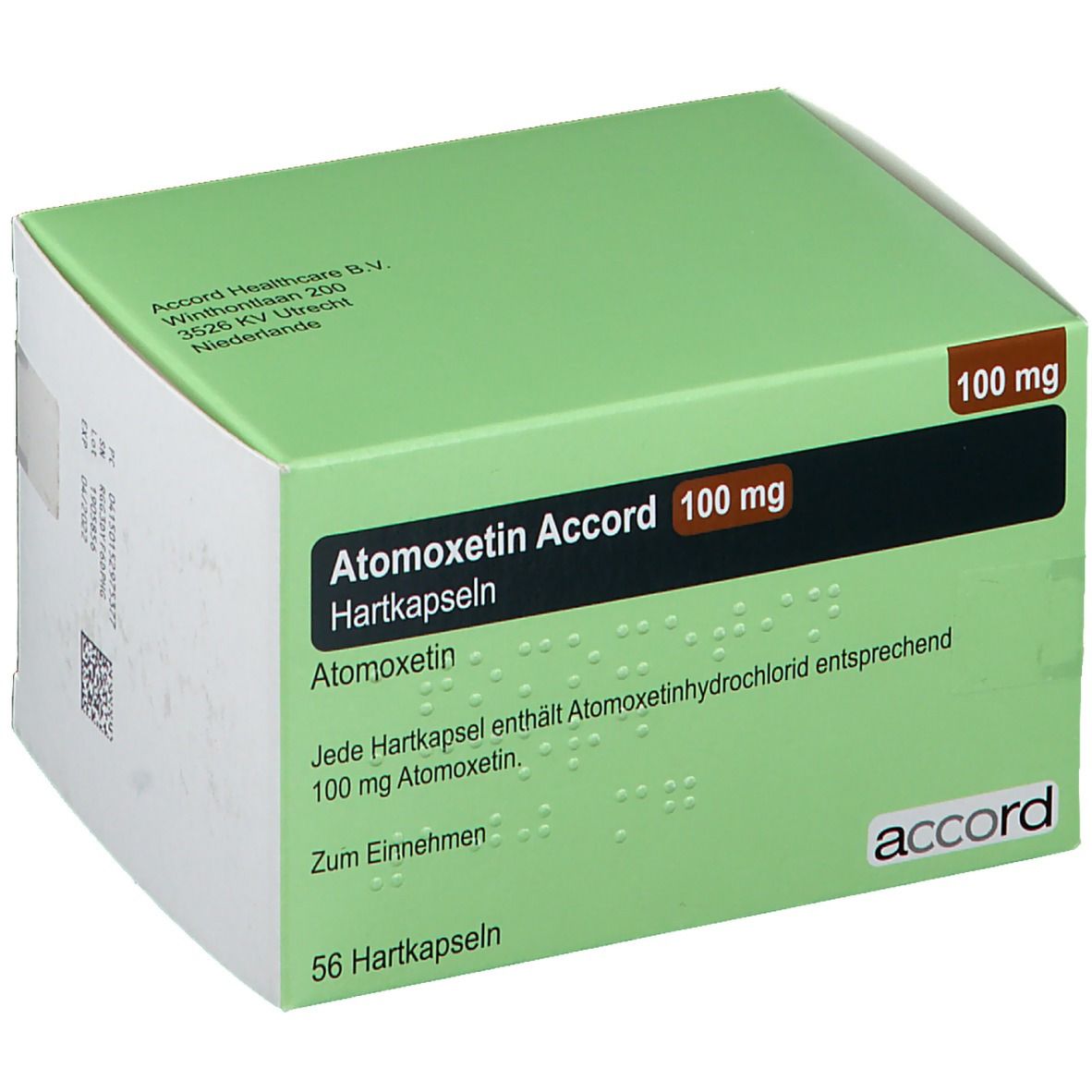 Grüne Schachtel mit "Atomoxetin Accord 100 mg". Braunes Rechteck mit Text. "56 Hartkapseln" und "accord" Logo.