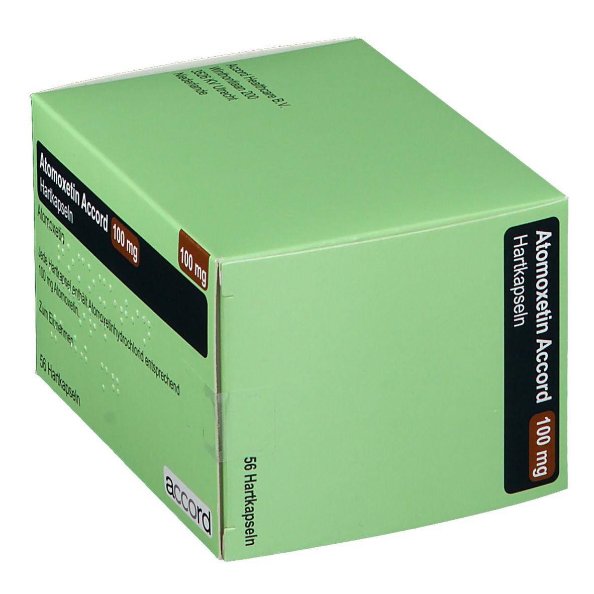 Grüne Schachtel mit "Atomoxetin Accord 100 mg". Text auf braunem Rechteck. "56 Hartkapseln" und "accord" Logo.
