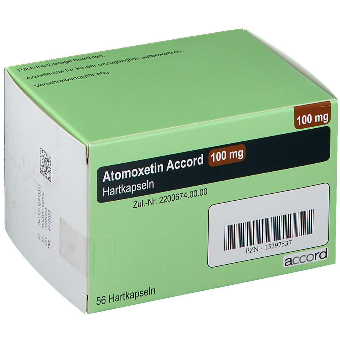 Grüne Schachtel mit "Atomoxetin Accord 100 mg". Text auf braunem Rechteck. "56 Hartkapseln" und "accord" Logo.