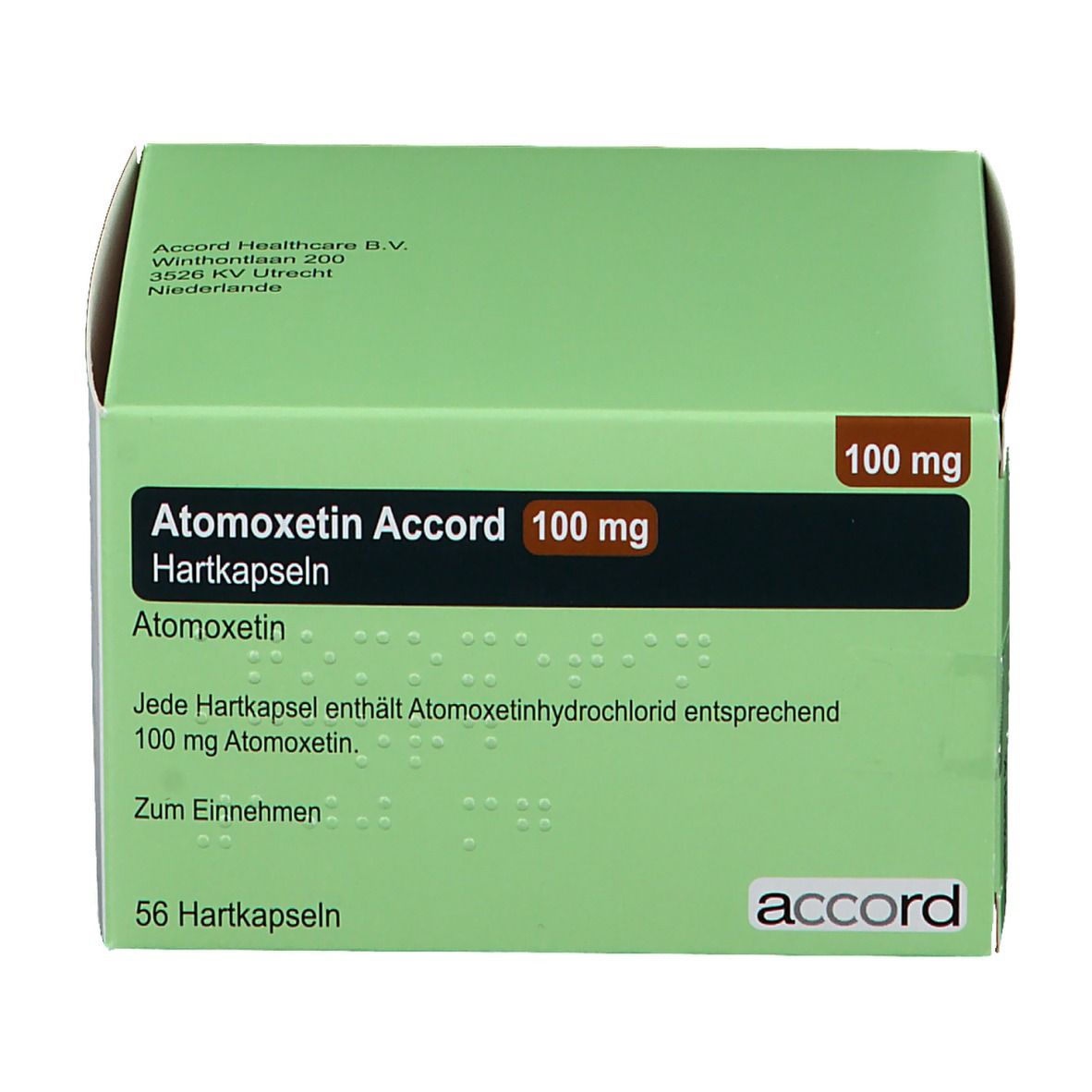 Grüne Schachtel mit "Atomoxetin Accord 100 mg". Text auf braunem Rechteck. "56 Hartkapseln" und "accord" Logo.