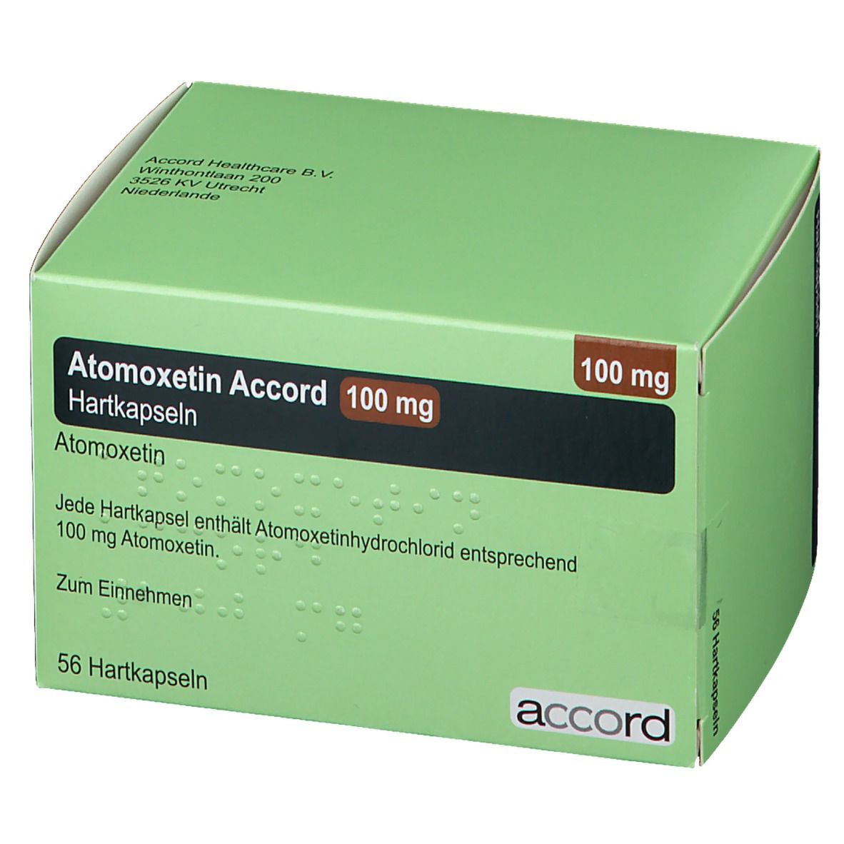 Grüne Schachtel mit "Atomoxetin Accord 100 mg". Text auf braunem Rechteck. "56 Hartkapseln" und "accord" Logo.