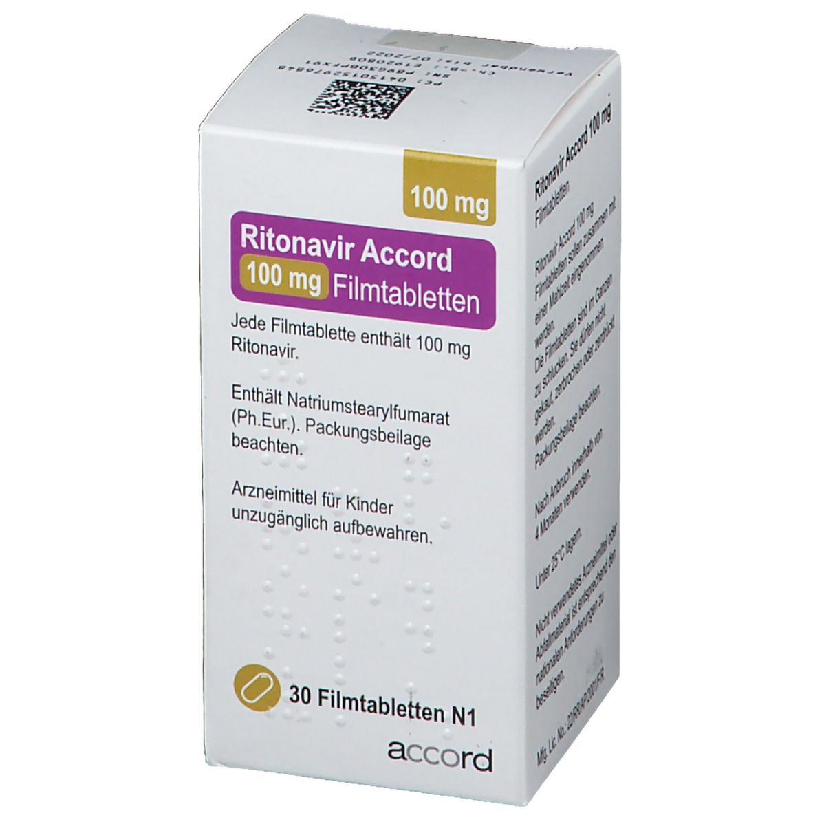 Schachtel RITONAVIR Accord 100 mg. Seitenansicht mit Text und Logo. 30 Filmtabletten. Accord.