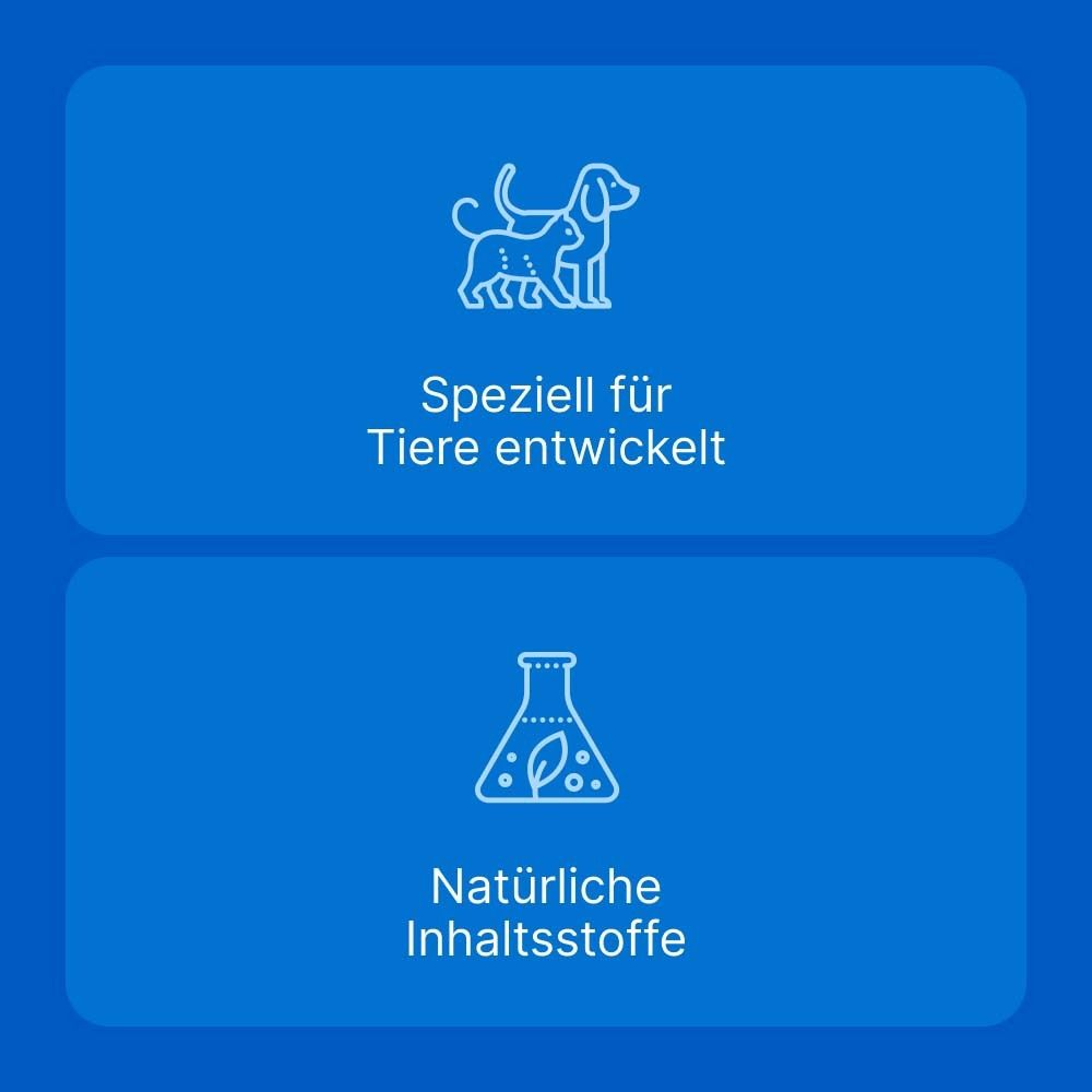 Blauer Hintergrund mit Symbolen. Text: Speziell für Tiere entwickelt. Natürliche Inhaltsstoffe.