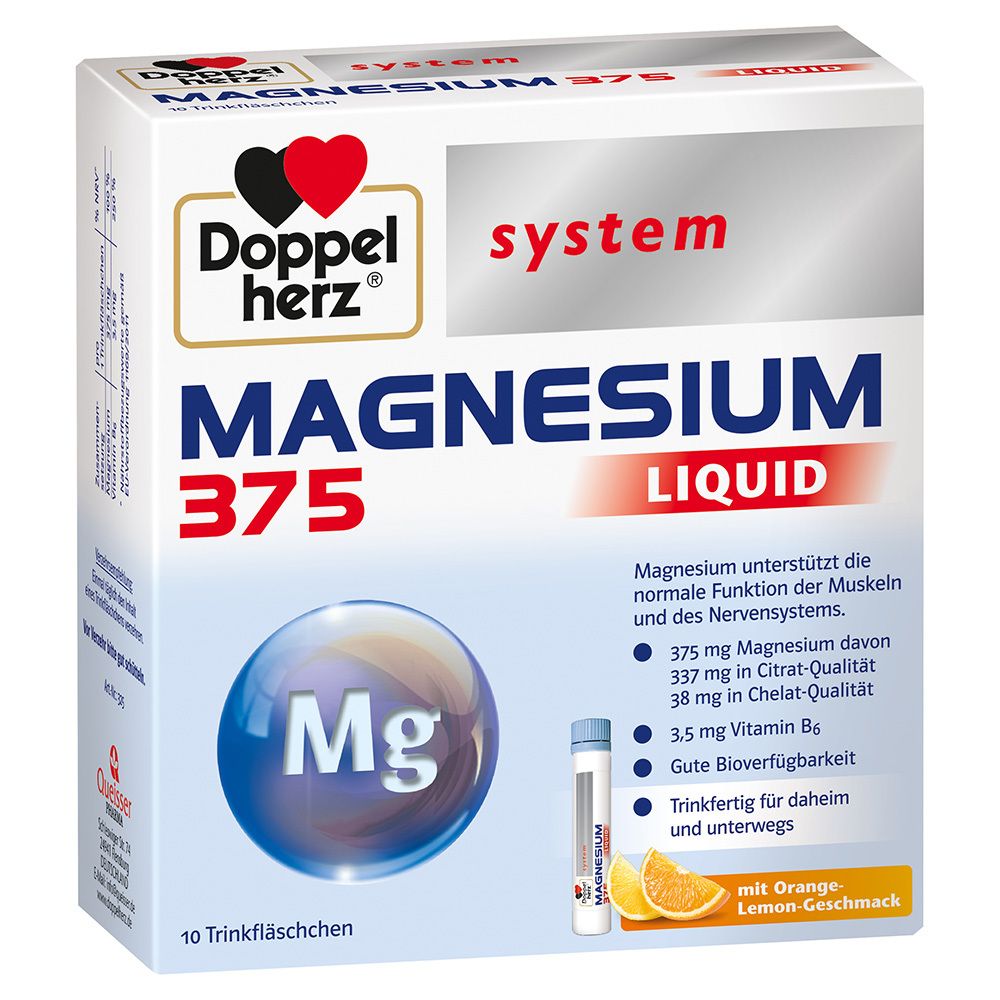 Verpackung von Doppelherz Magnesium 375 Liquid. Enthält 10 Trinkfläschchen. Mit Orange-Zitronen-Geschmack. Mg-Symbol.