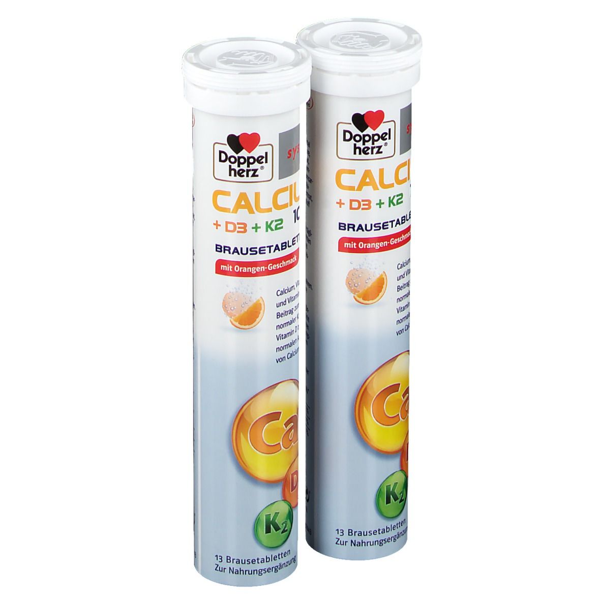 Zwei zylindrische Röhren mit Brausetabletten. Aufschrift: Calcium + D3 + K2, mit Orangengeschmack. Marke: Doppelherz.