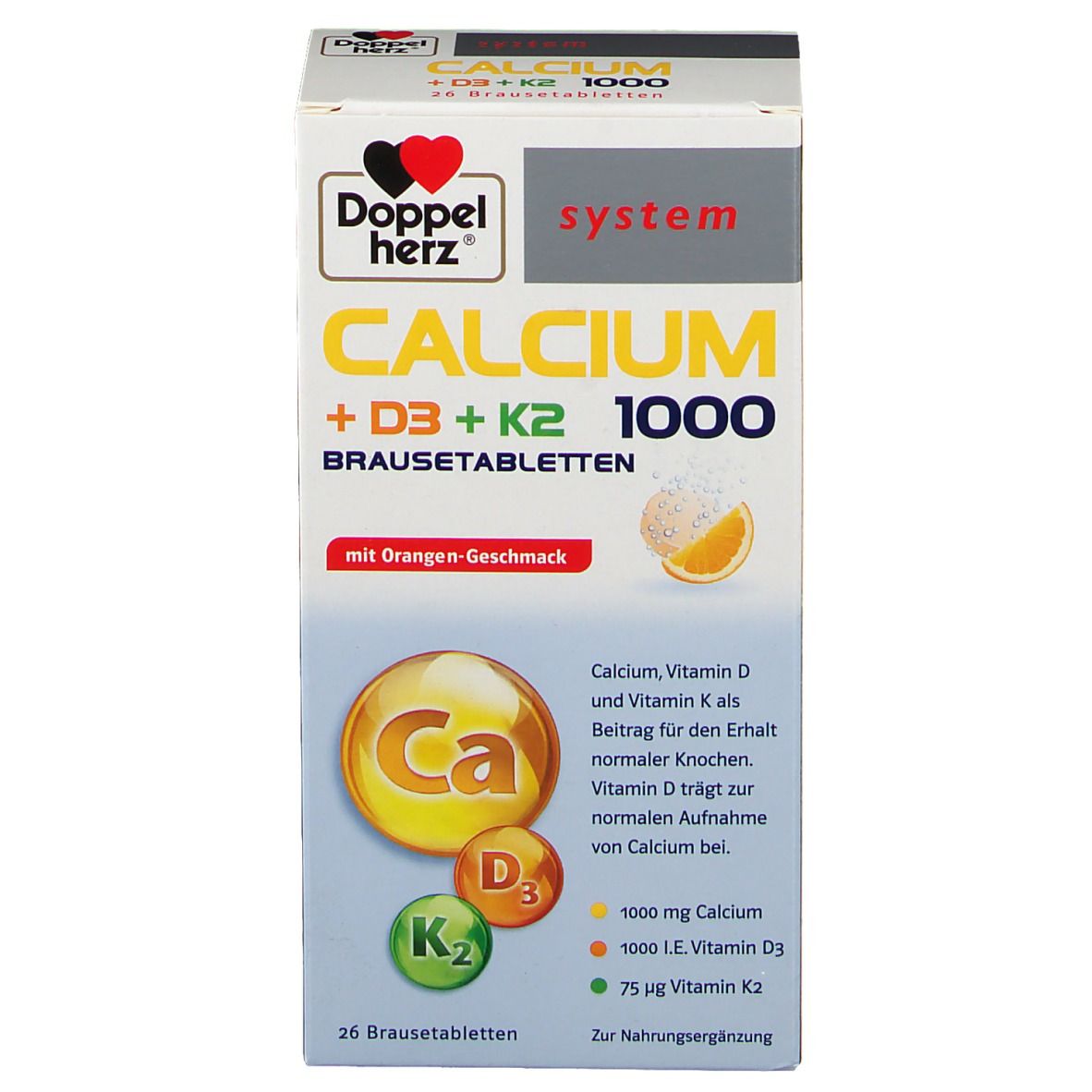 Produktverpackung mit Aufschrift: Calcium + D3 + K2 1000, mit Orangengeschmack. Marke: Doppelherz. Enthält 26 Brausetabletten.
