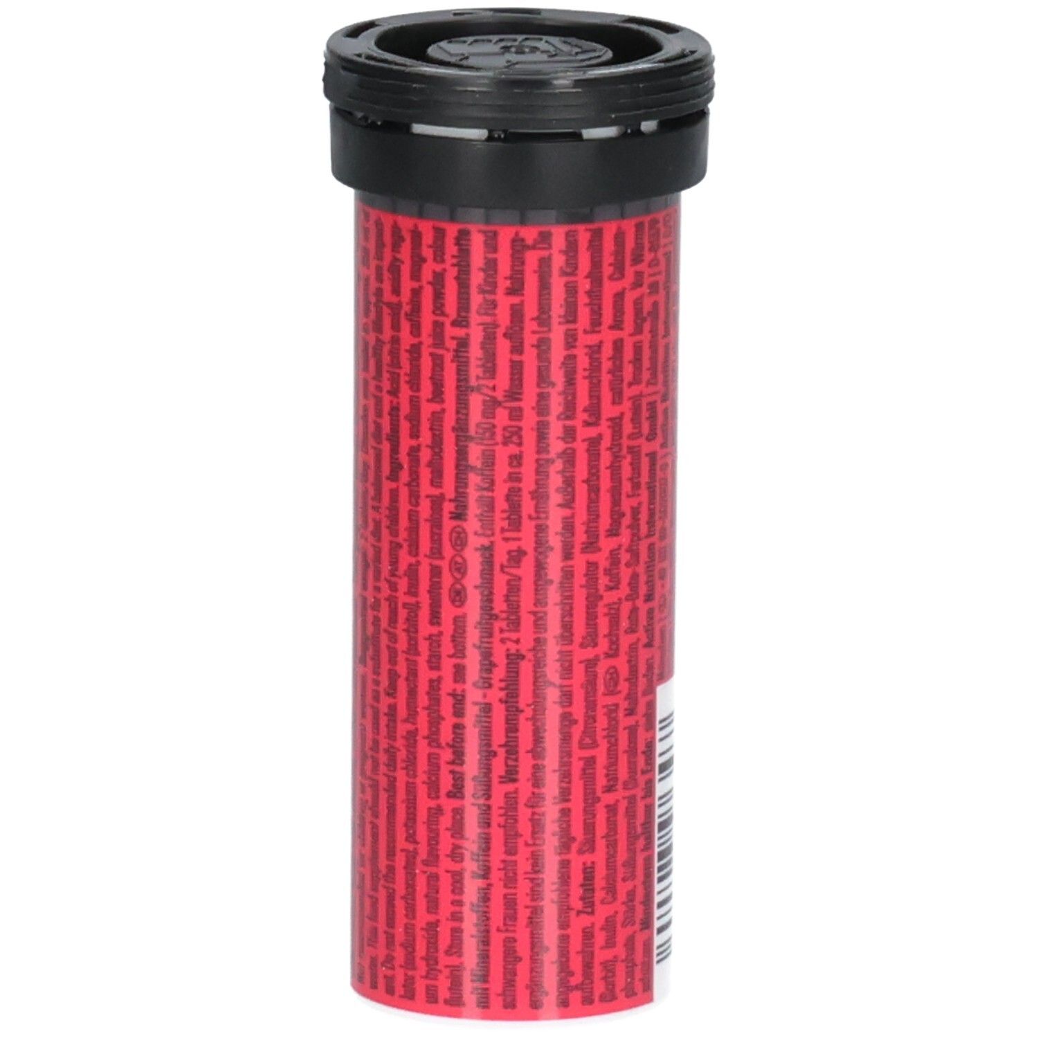Zylindrische Dose mit schwarzem Deckel. Rückseite mit rotem Text. Keine weiteren Details erkennbar.