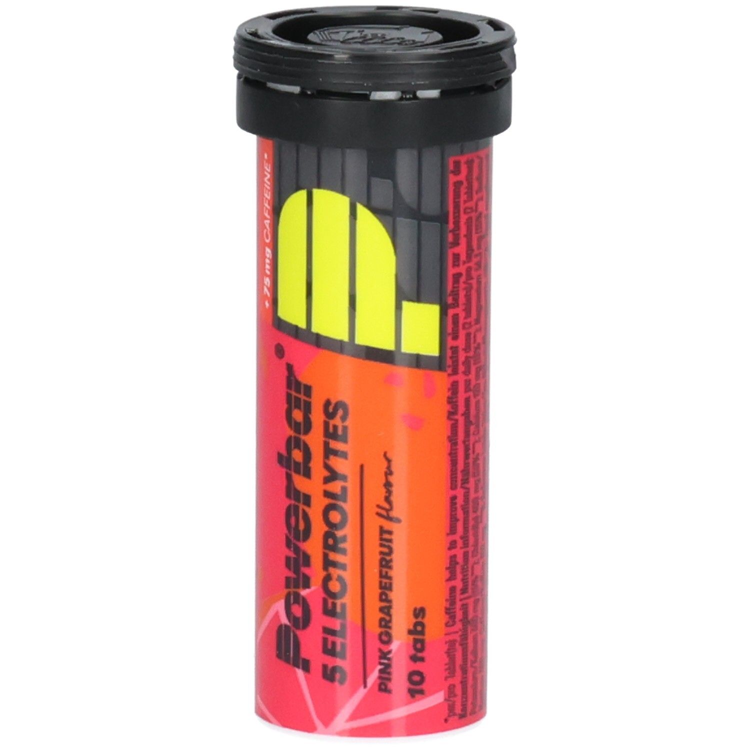 Zylindrische Dose mit schwarzem Deckel. Aufschrift: Powerbar 5 Electrolytes, Pink Grapefruit, 10 Tabs. Gelbes Logo.