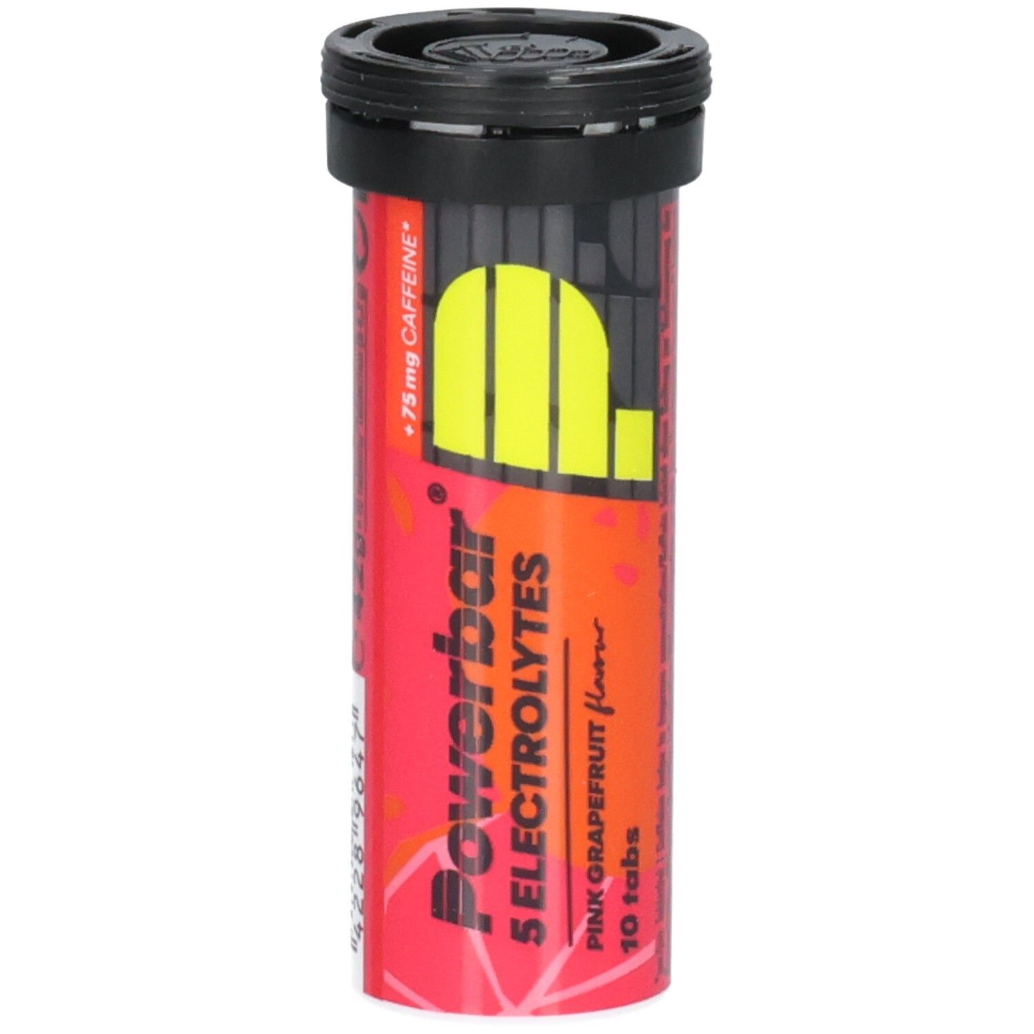 Zylindrische Dose mit schwarzem Deckel. Aufschrift: Powerbar 5 Electrolytes, Pink Grapefruit, 10 Tabs. Enthält Koffein.
