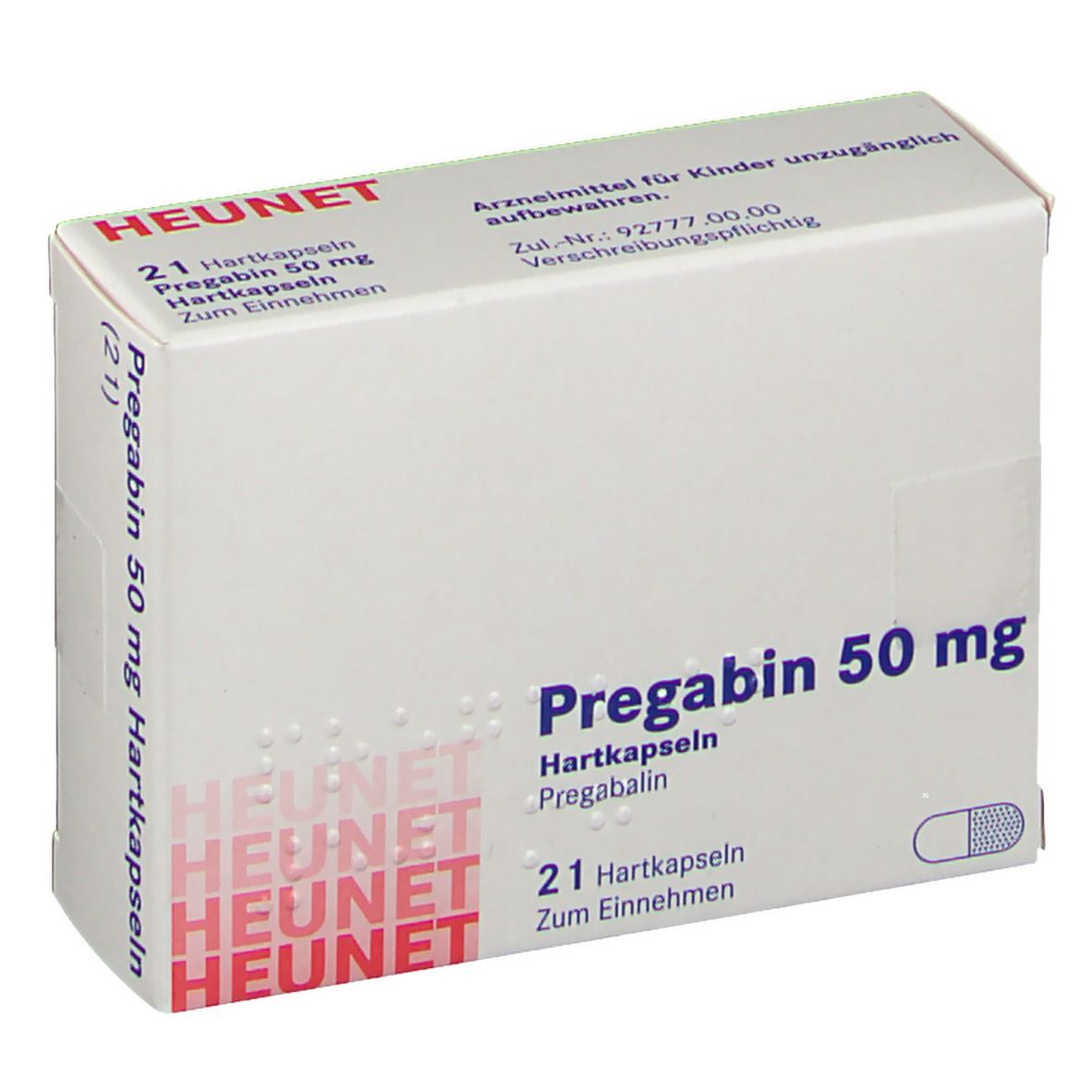 Schachtel mit PREGABIN 50 mg Hartkapseln. Aufschrift: HEUNET, Pregabin 50 mg, 21 Hartkapseln. Weiße Verpackung.