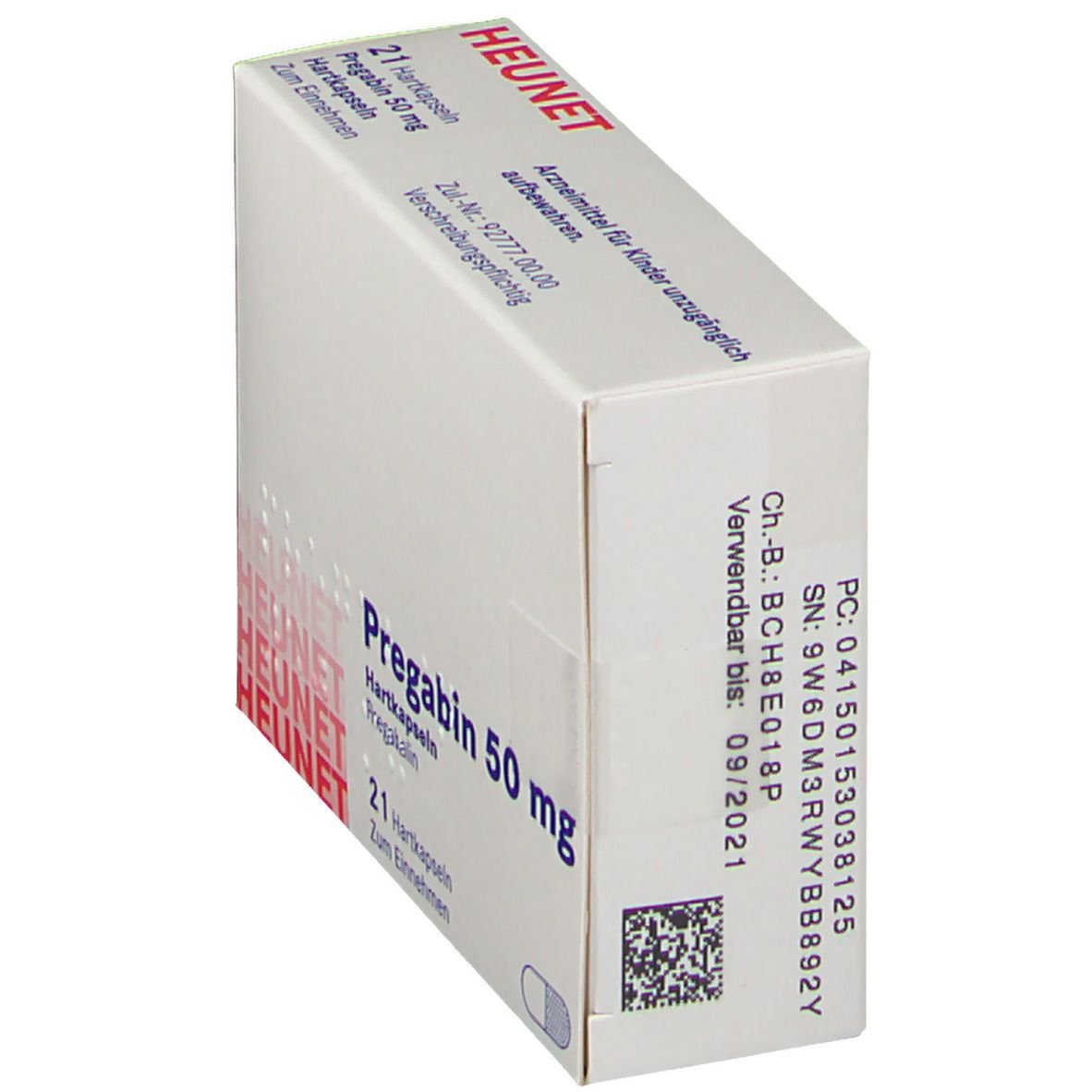 Schachtel PREGABIN 50 mg Hartkapseln. Aufschrift: HEUNET, Pregabin 50 mg, 21 Hartkapseln. Weiße Verpackung.