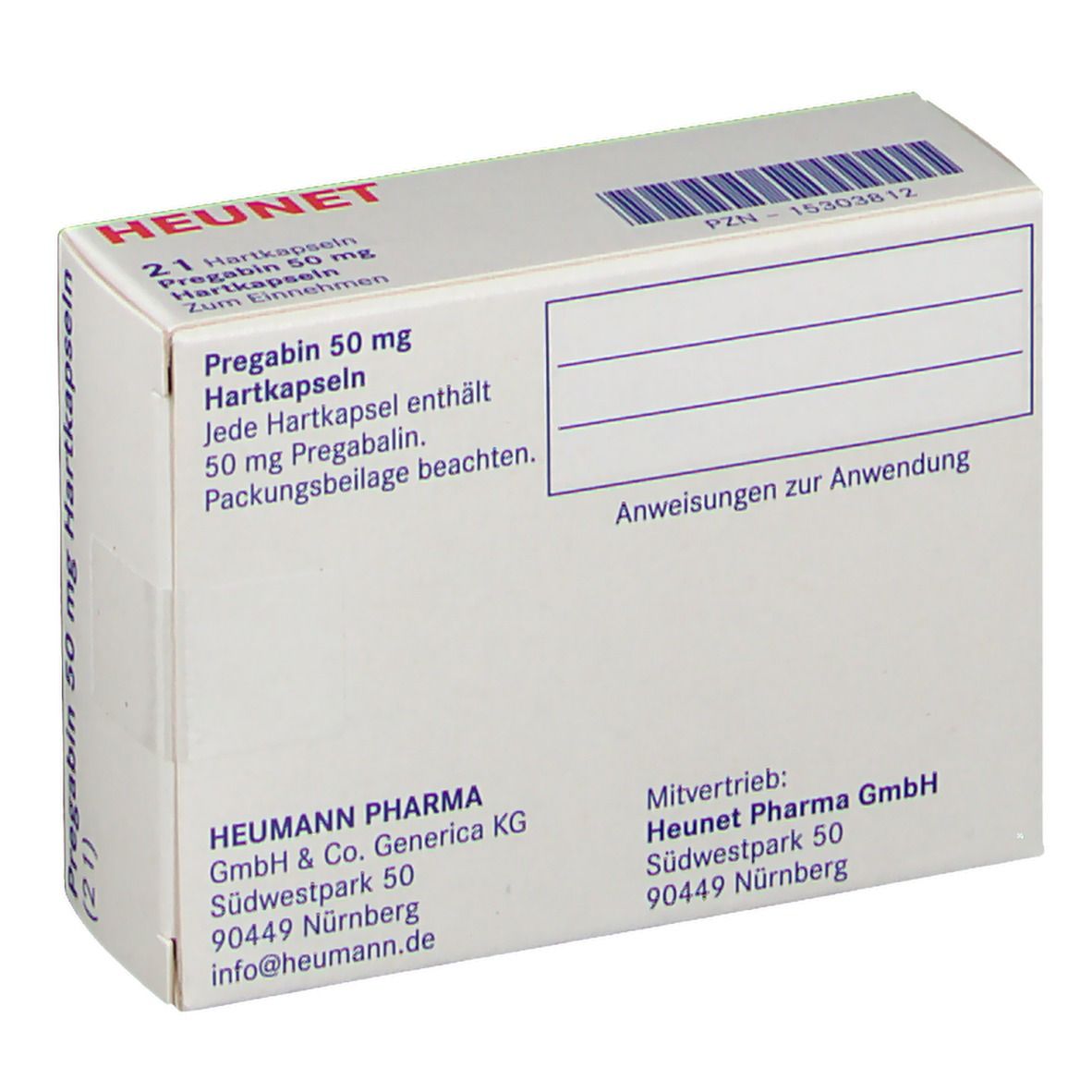 Schachtel PREGABIN 50 mg Hartkapseln. Aufschrift: HEUNET, Pregabin 50 mg, 21 Hartkapseln. Weiße Verpackung.