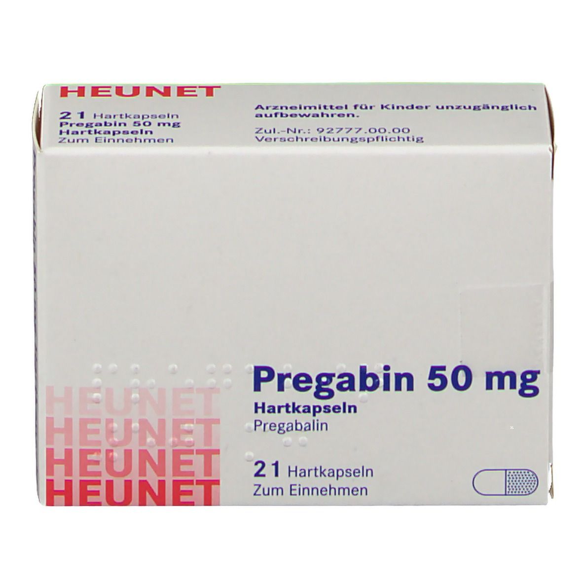 Schachtel PREGABIN 50 mg Hartkapseln. Aufschrift: HEUNET, Pregabin 50 mg, 21 Hartkapseln. Weiße Verpackung.