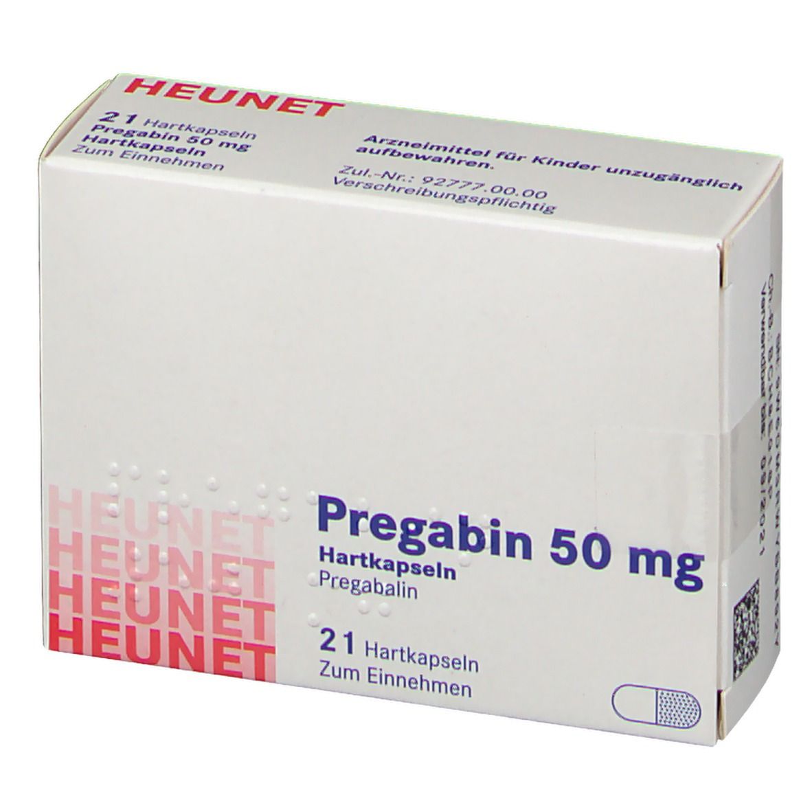 Schachtel PREGABIN 50 mg Hartkapseln. Aufschrift: HEUNET, Pregabin 50 mg, 21 Hartkapseln. Weiße Verpackung.